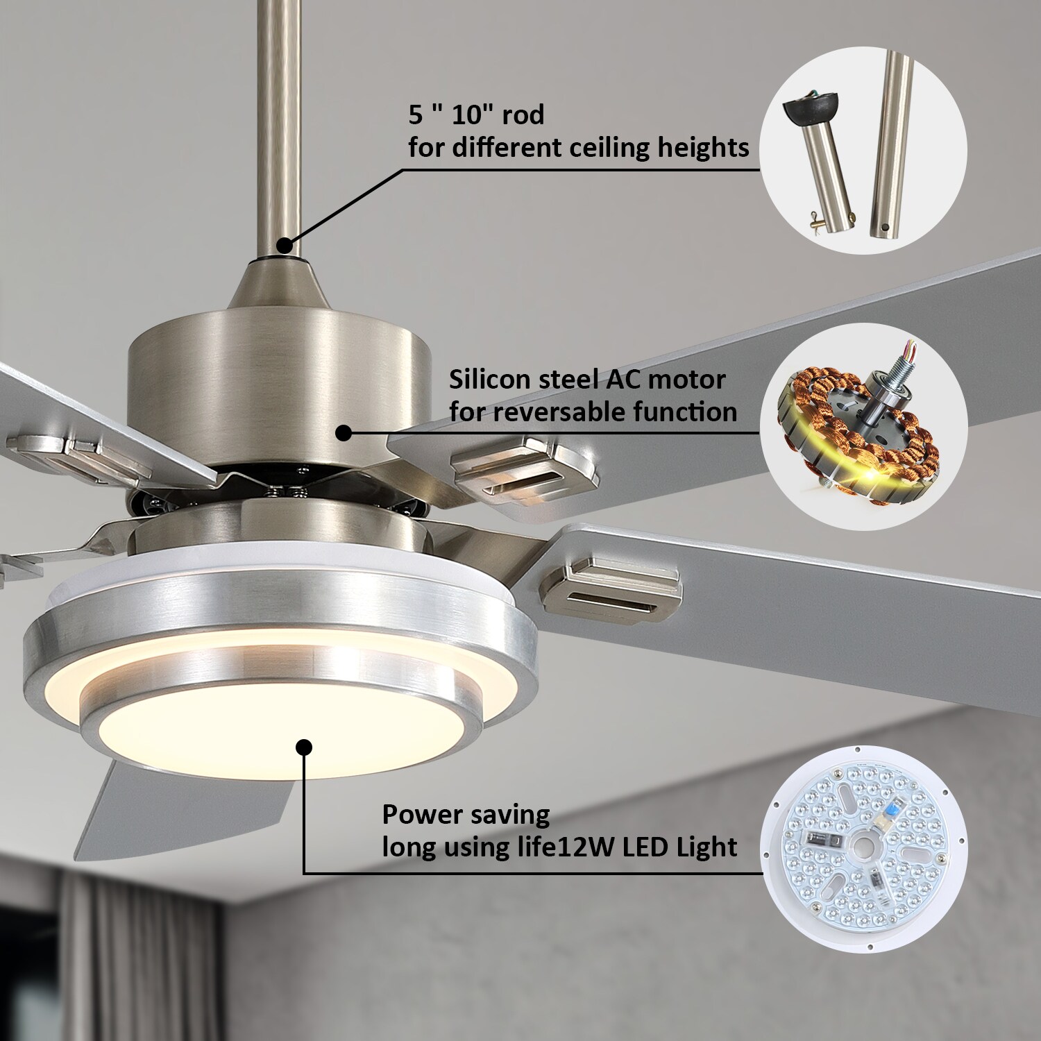 52-in Silver Indoor Ceiling Fan with Light and Remote (5-Blade) in the ...