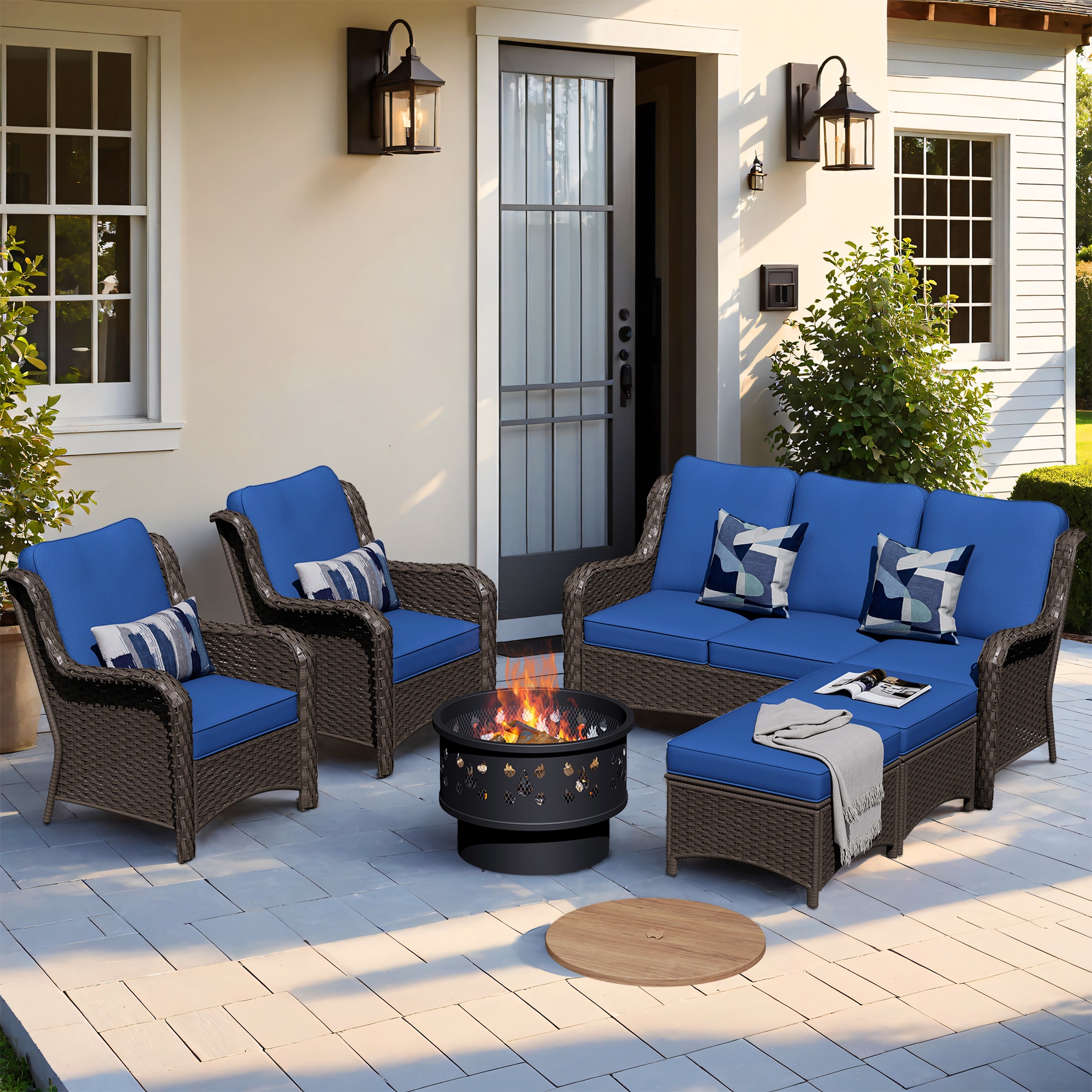 XIZZI XIXCT7163-YMFP Vesta 6 -Piece Wicker Patio Sofa Conversation Set with Blue Cushions