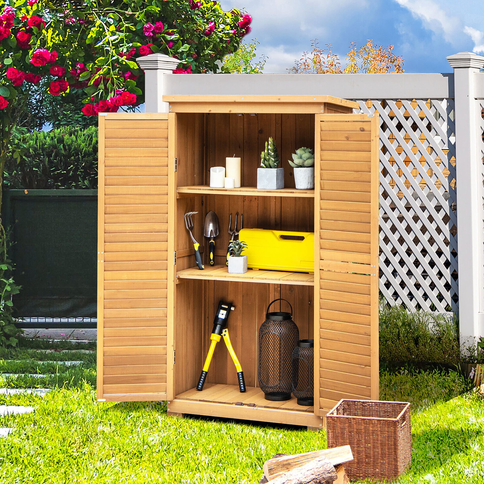 Forclover Outdoor Wooden Garden Tool Storage Cabinet in the Wood