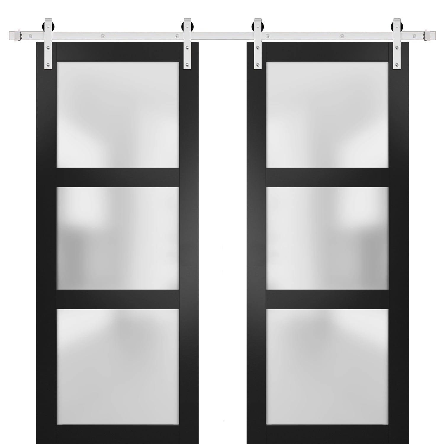 SARTODOORS LUC2552DB-S-BLK-64 64-in x 80-in Matte Black Frosted Glass MDF Double Barn Door (Hardware Included)