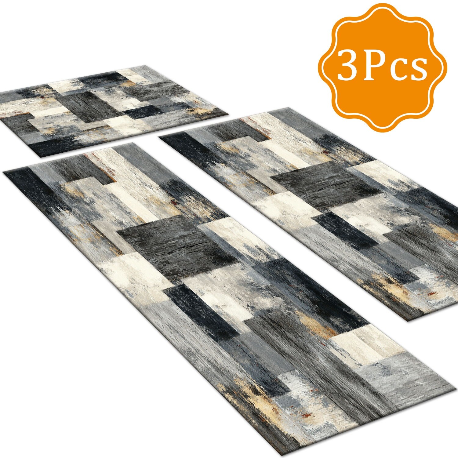 3-Piece Indoor Rug Set Non-Slip Washable Runner Mats Soft Floor Mats for Kitchen Laundry Hallway and Entryway 20x32in 20x47in 20x60in Minimalist Monochrome Geometric