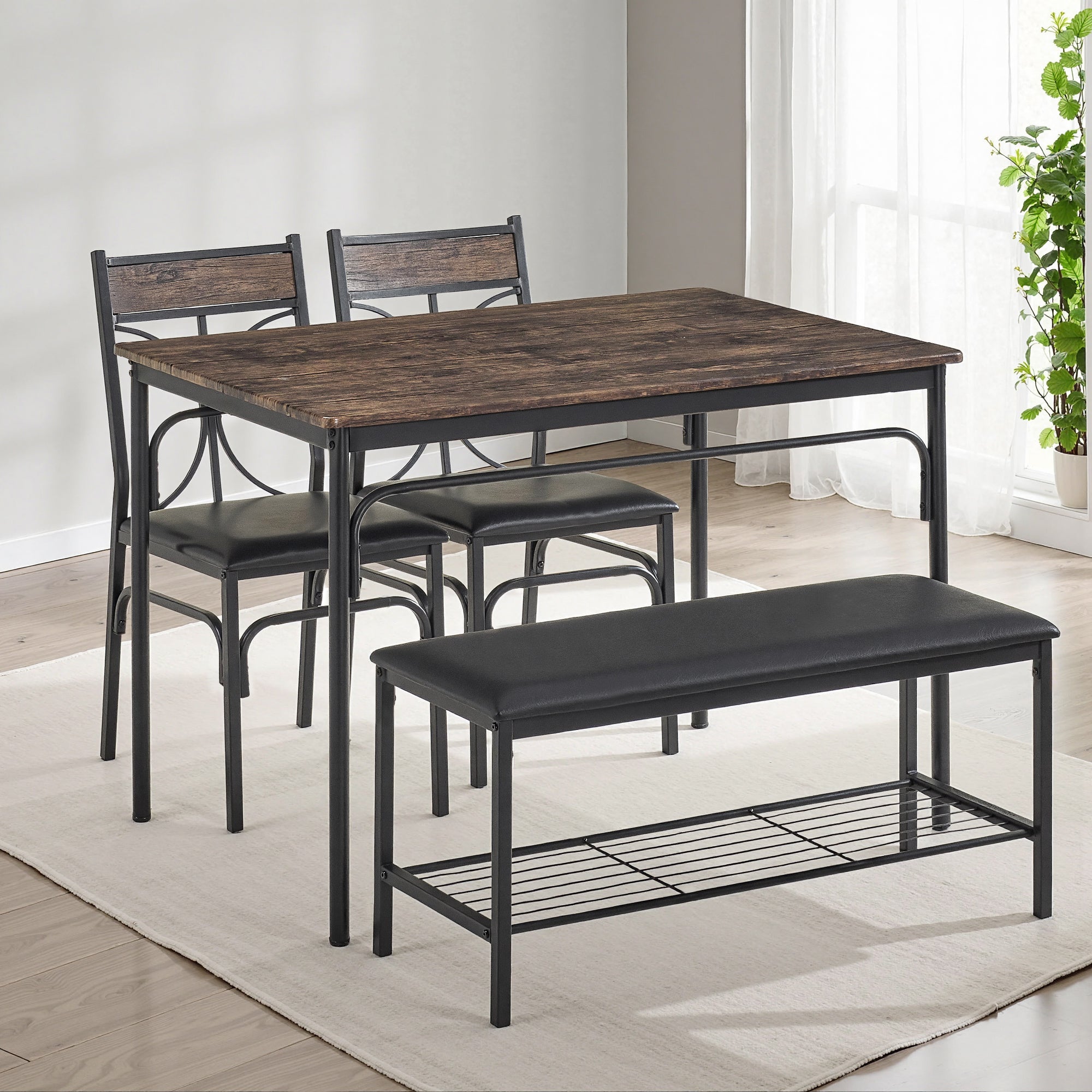 Vecelo LOE-MX-TC08B-BRN Dining Table Set For 4 Upholstered Bench And 2 Chairs Kitchen Table Set