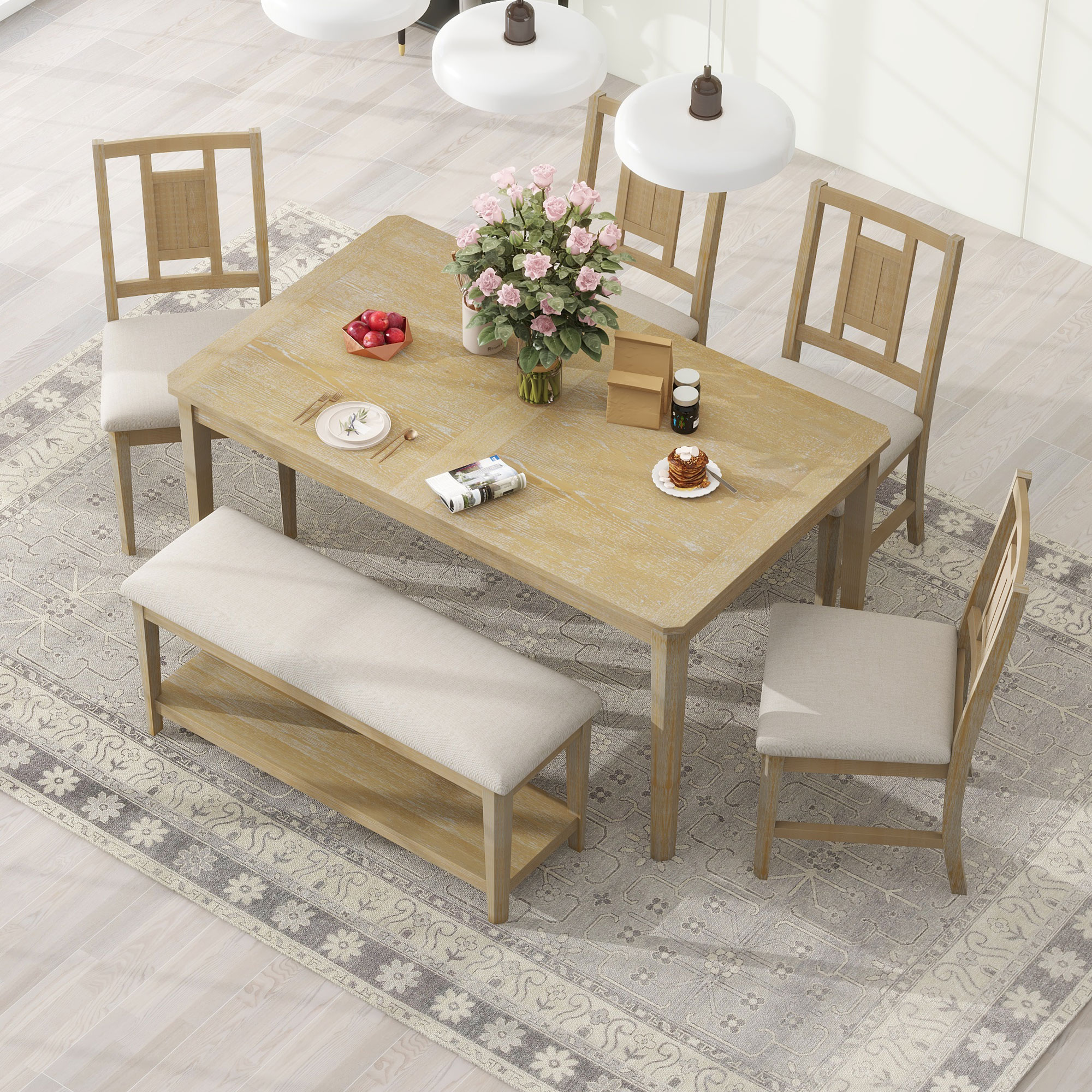 Nestfair DTS0110D Natural Wood Wash Contemporary/Modern Dining Room Set with Rectangular Table ( Seats 6 )