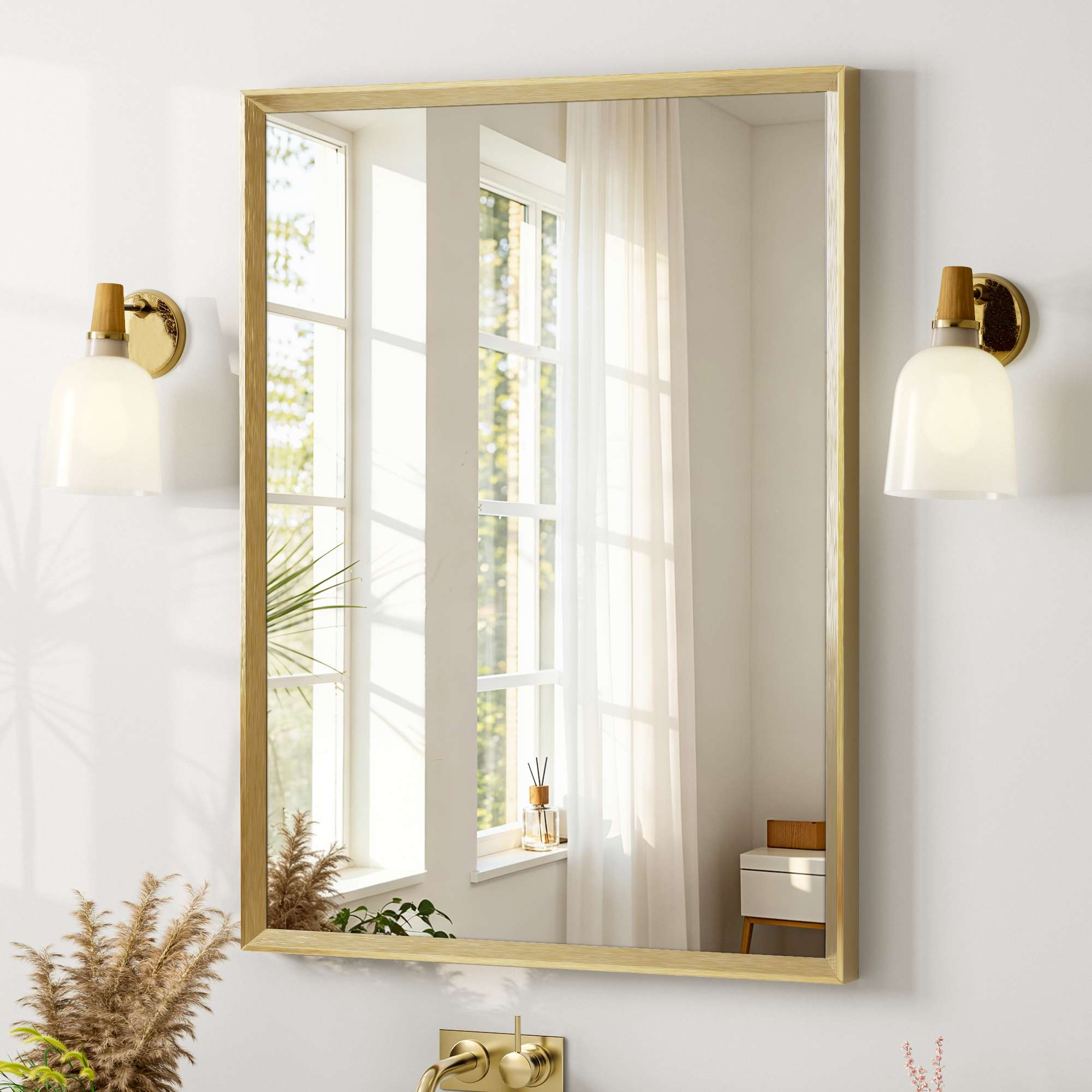 Aok Garden - 24 in x 32 in Framed Rectangular Wall Mounted Beveled Frame Vanity Mirror Brushed Gold