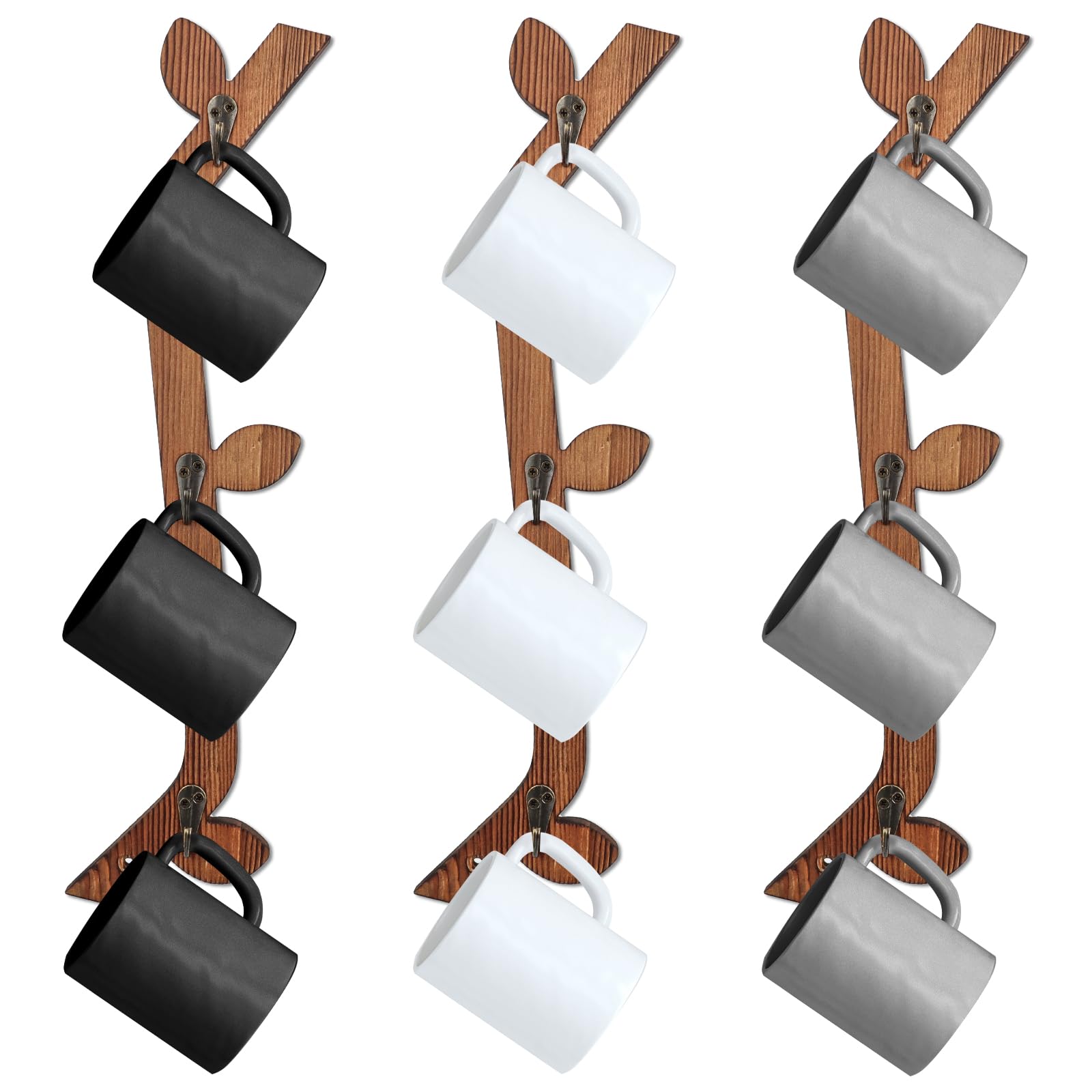 Aoibox  3 Pack Wooden Coffee Mug Wall Rack Set with 9 Stainless Steel Hooks 16 5 in Long Burnt Wood Finish Decor