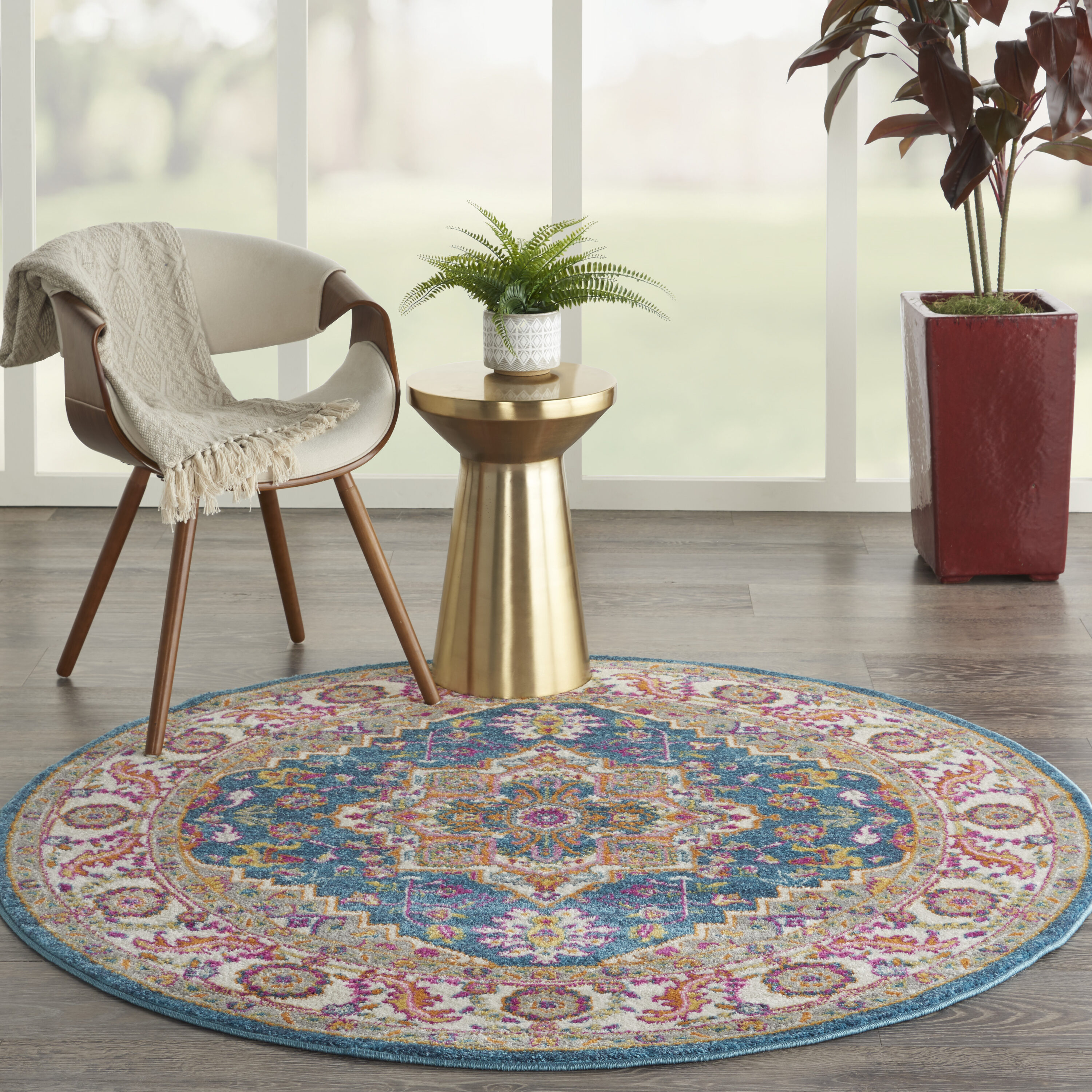 Nourison 099446765284 Passion 5 x 5 (ft) Loomed Polypropylene Teal Multicolor Round Indoor Medallion Bohemian/Eclectic Area rug
