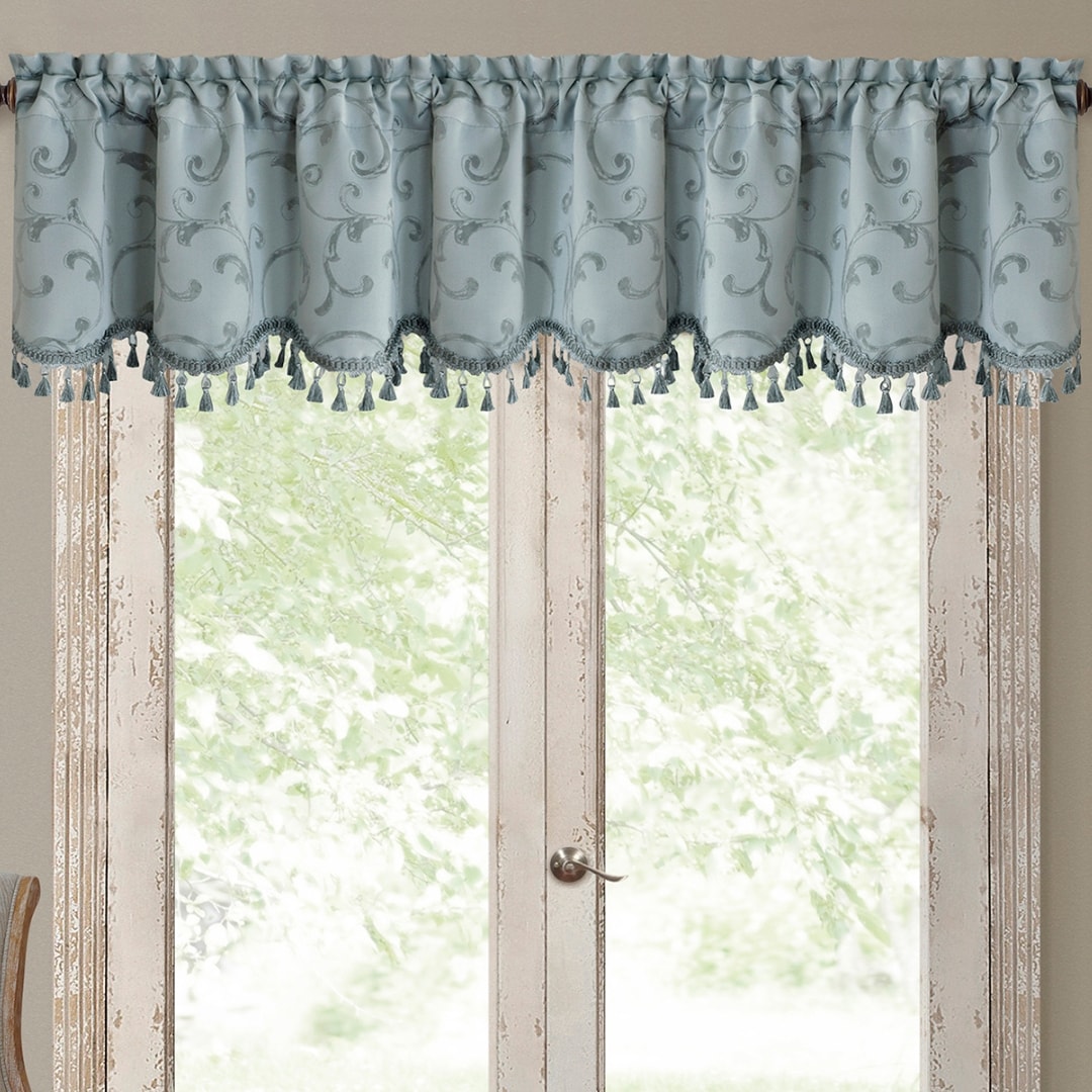 Blue Jacquard Scroll Tassel Trim Rod Pocket Valance