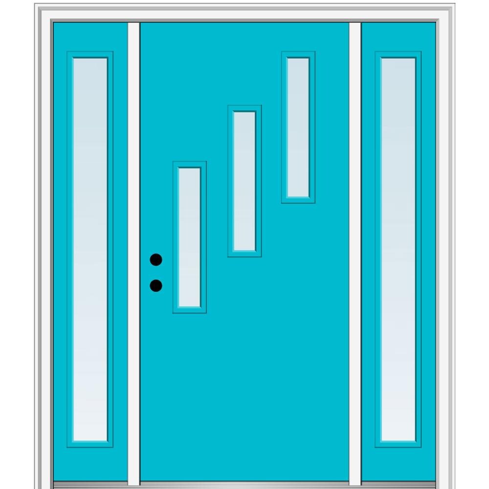 MMI DOOR ZZ346566R Spotlights 60-in x 80-in x 4-9/16-in Fiberglass Pulse lite Right-hand inswing Bahama Blue Painted Prehung Front Door with Sidelights with Brickmould Insulating core