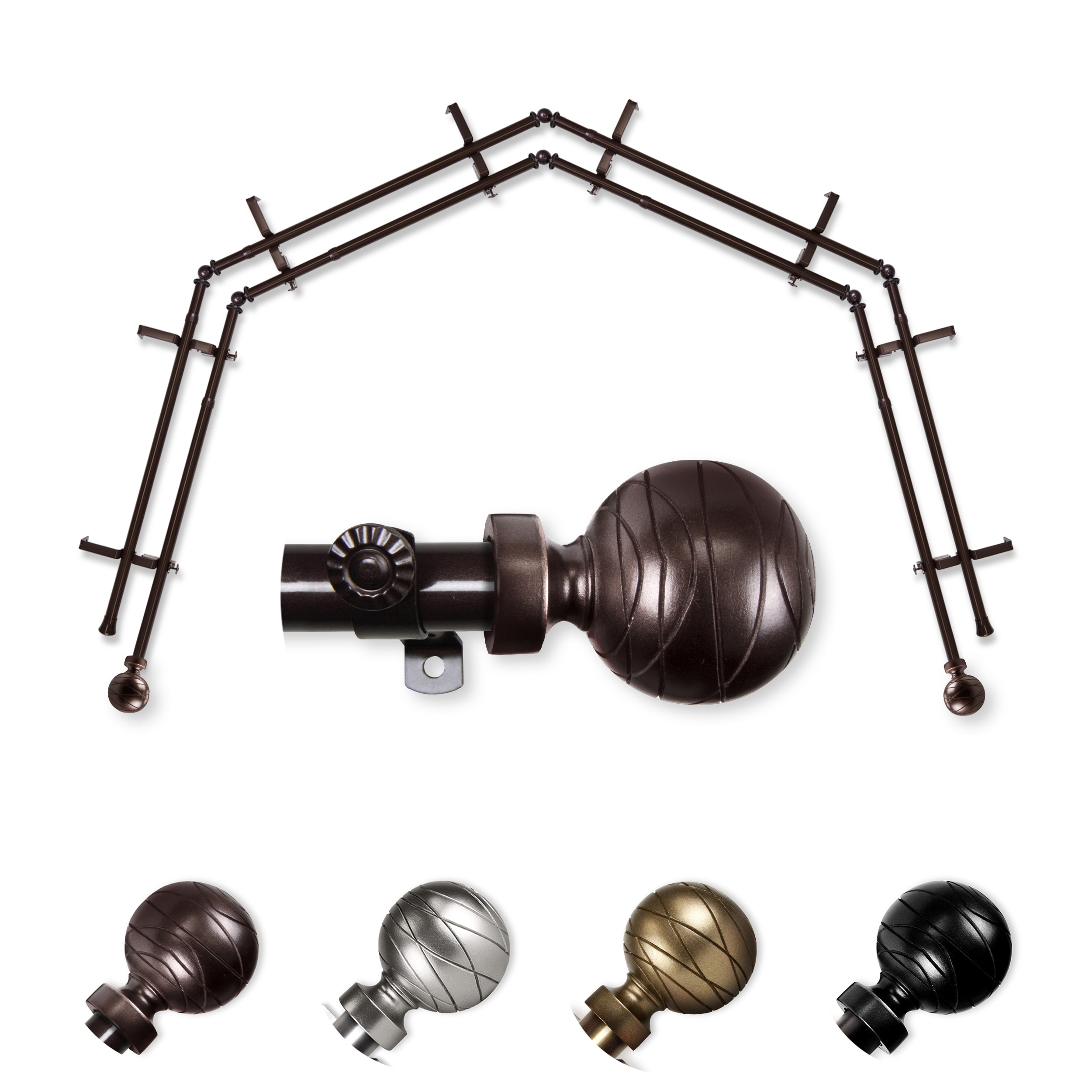 Hart & Harlow L-4BAY-84-7D Able 4-Sided Double Bay Cocoa Steel Bay window curtain rod with Finials