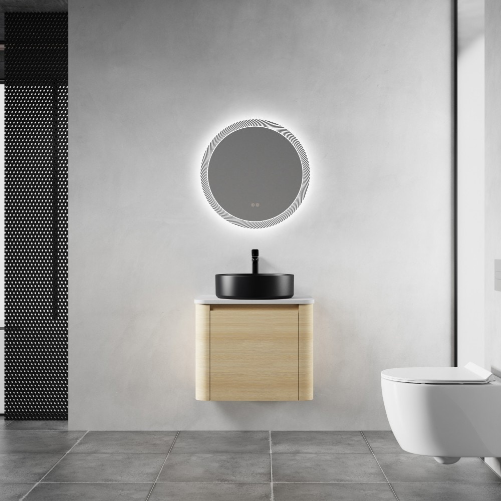 Basdien 24 in Ameican White Oak Wall Mount Bath Vanity Ceramic Art Sink Soft Close Door Modern Style Plywood KD Packing Scratch Water Resistant Melamine Surface Space Saving Floating Design Easy Clean Stone Vessel Eco Friendly Paint Free Board