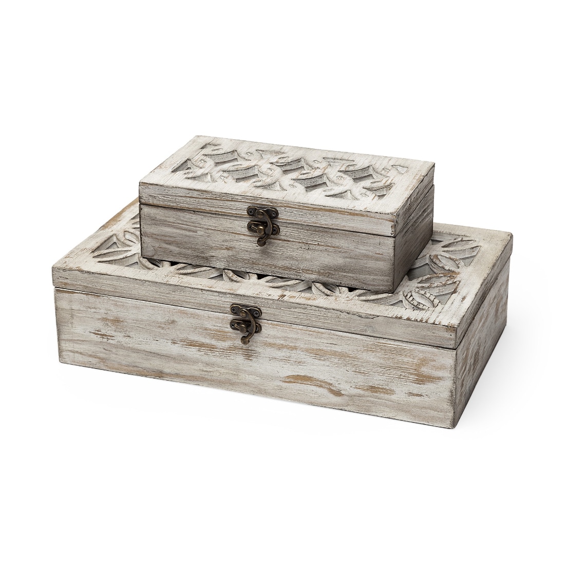 HomeRoots 4000392588 Set of Two Distressed White Wooden Boxes