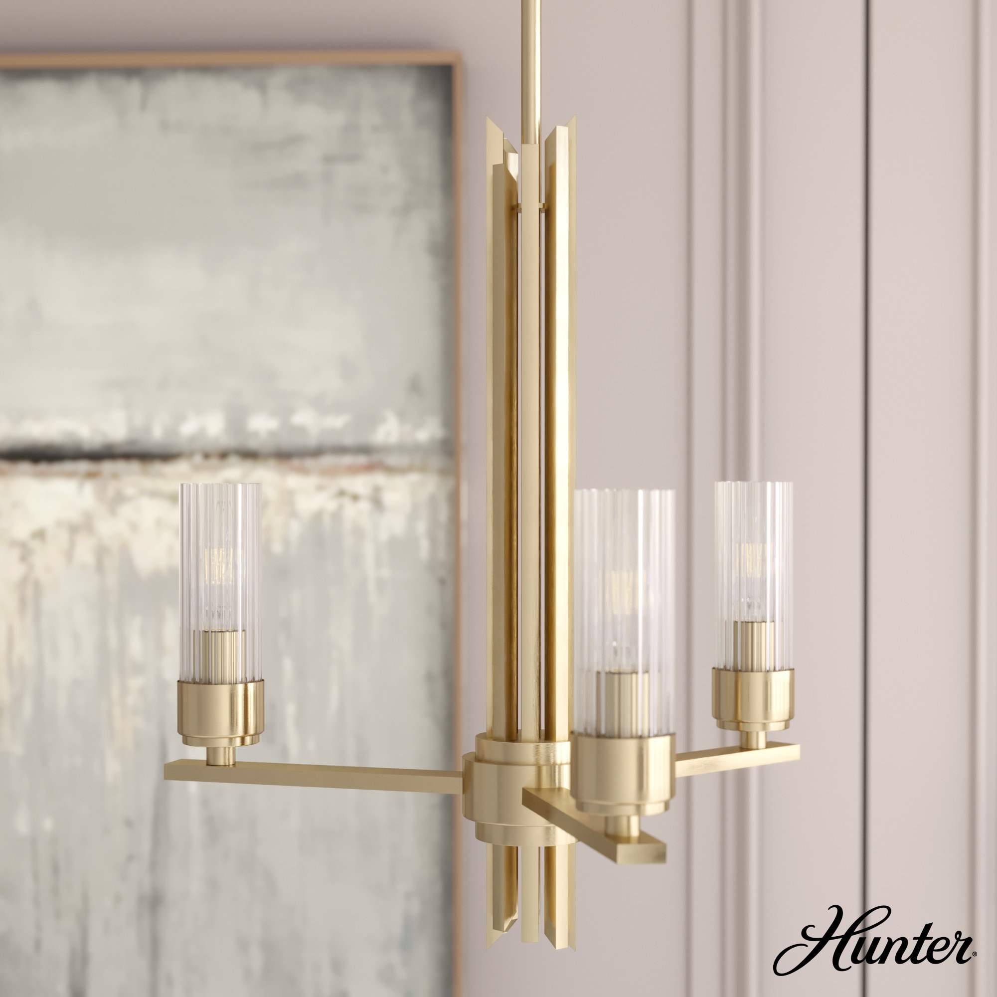 Hunter 19781 Gatz 3 -Light Satin Gold Modern/contemporary For Use in Bedrooms, Dining Rooms, Foyers, Kitchens, Living Rooms Chandelier