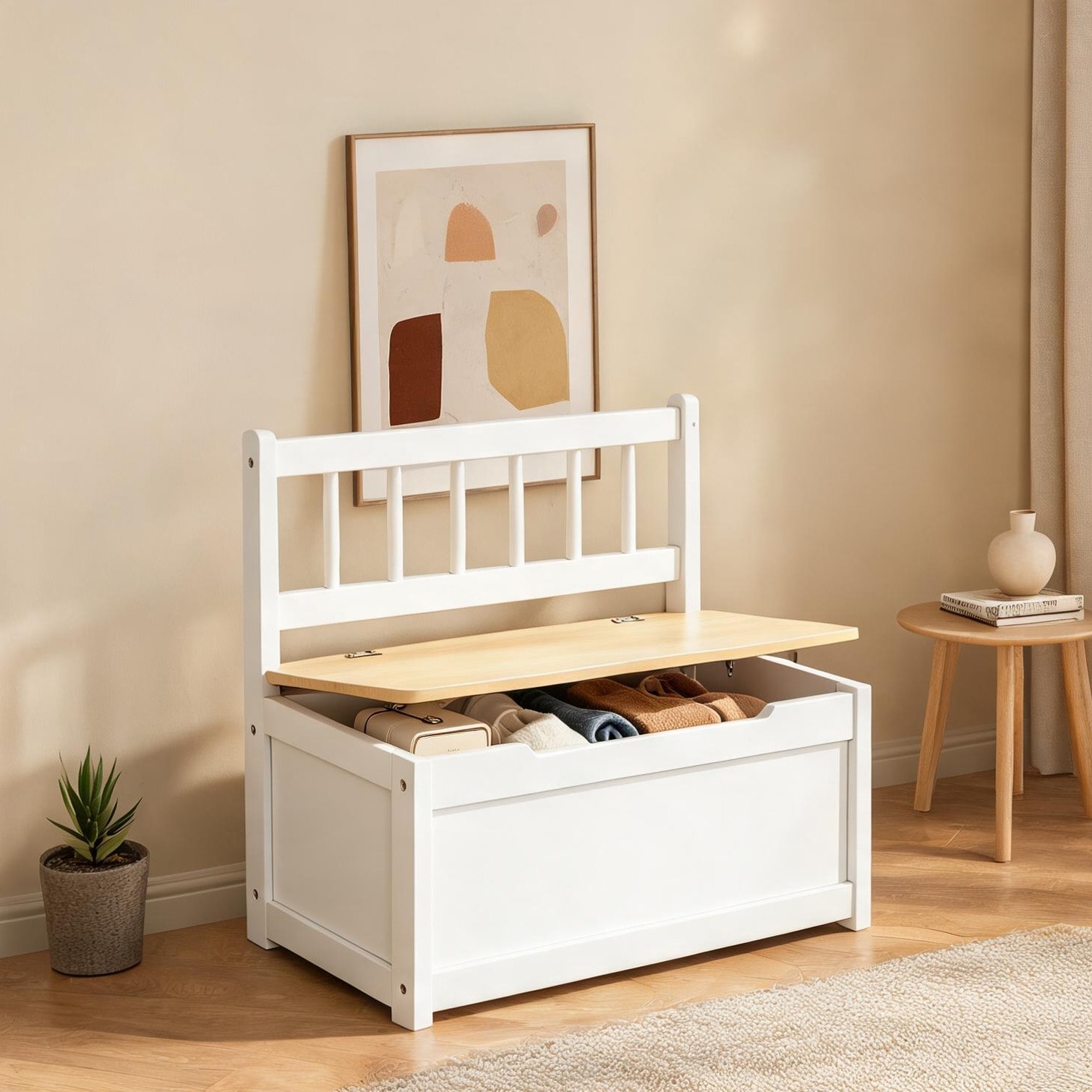 chillscreamni Childrens Toy Organizer Chest with Integrated Seating White Finish MDF and Pinewood Construction Compact Rectangular Storage Bench