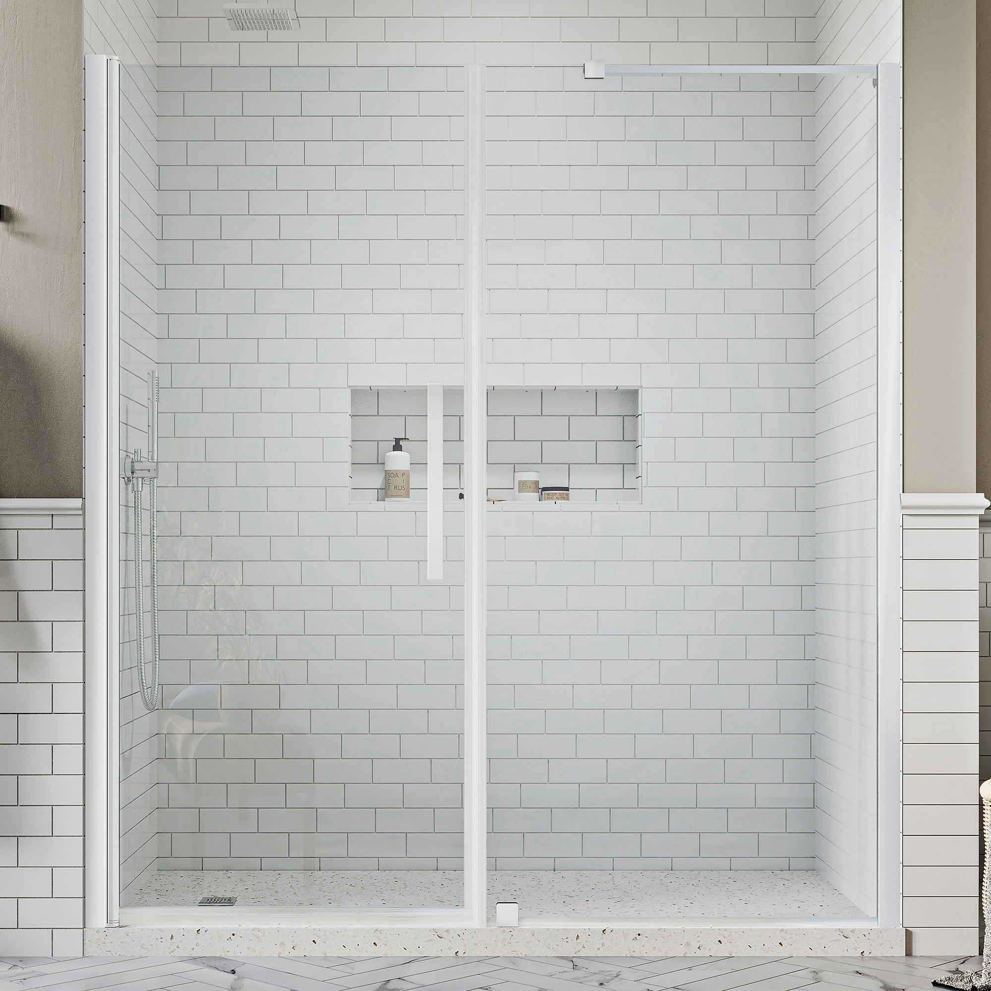 OVE Decors 828796051422 Pasadena Polished chrome 64-11/16-in to 66-5/8-in W x 72-Inches H Frameless Pivot Shower door 5/16-in Thick Clear Glass