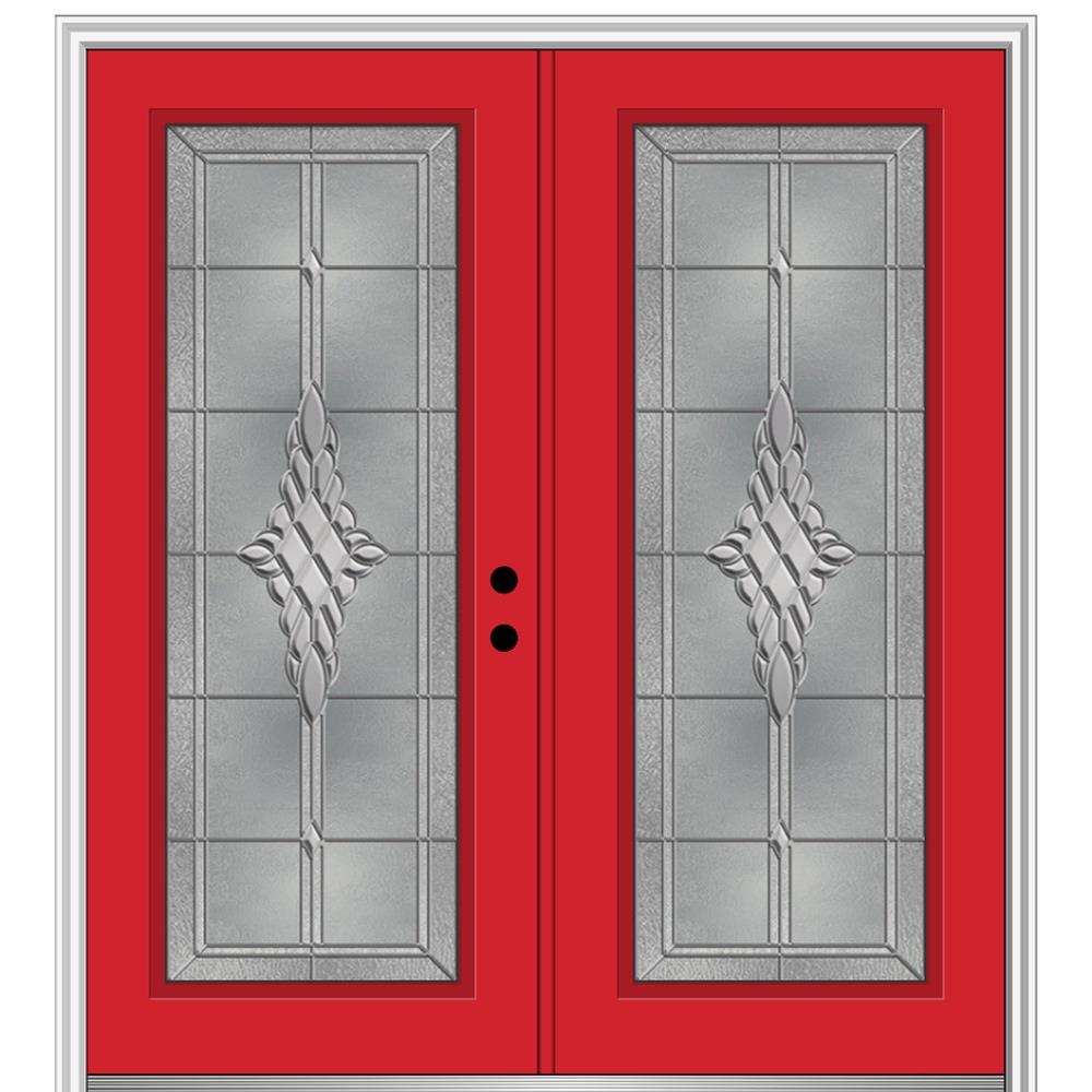 MMI DOOR ZZ365821L 68-in x 80-in x 4-9/16-in Fiberglass Full lite Left-hand inswing Red Saffron Painted Prehung Double Front Door with Brickmould Insulating core