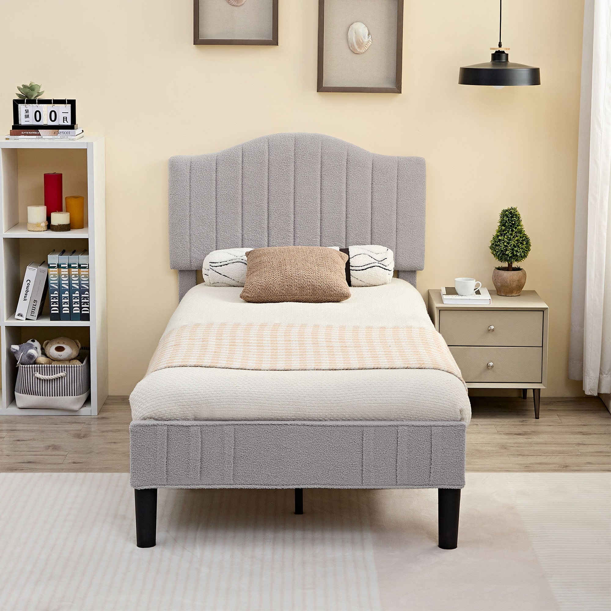 Vecelo LOE-TB08-GRY Twin Bed Frame Upholstered Platform Bed Frame with Height Adjustable Headboard Under Bed Space Noise Free Gray