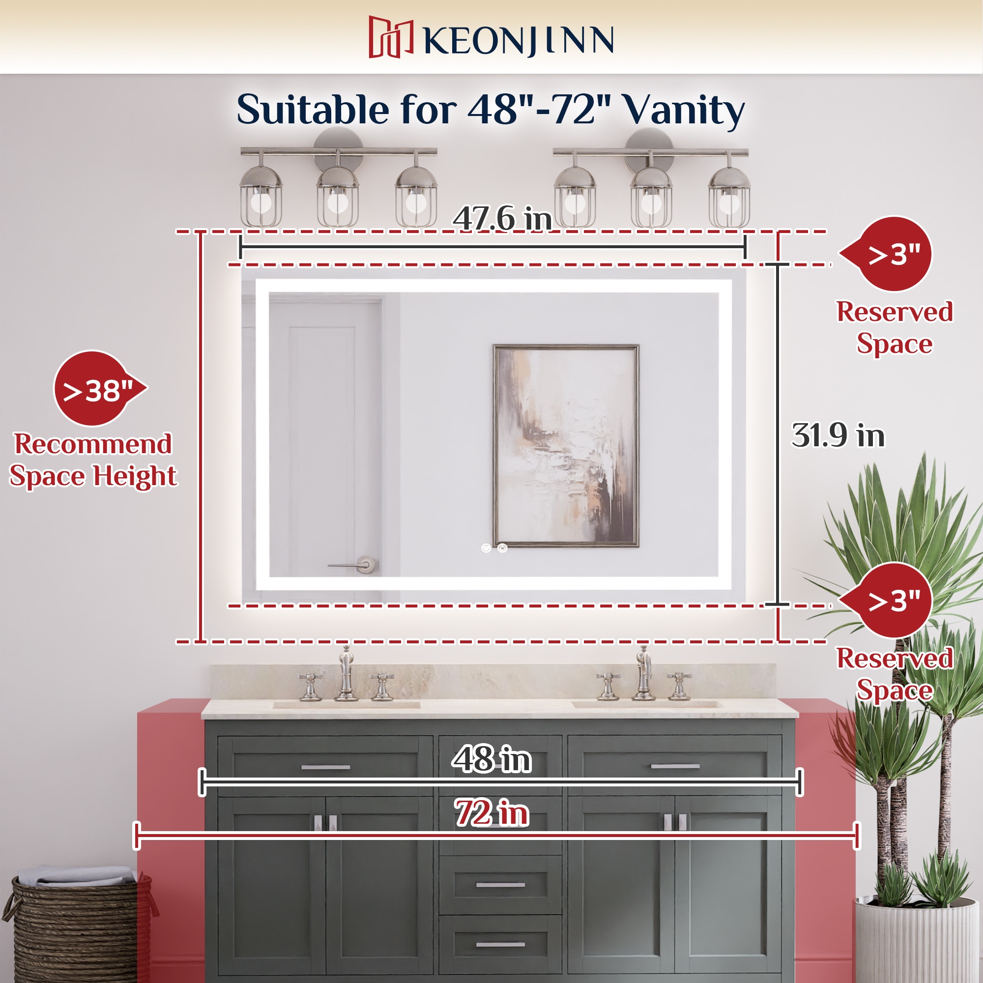 Keonjinn LW-ZBGFXFJ-12181F Framed-Bath-Mirrors - View #3