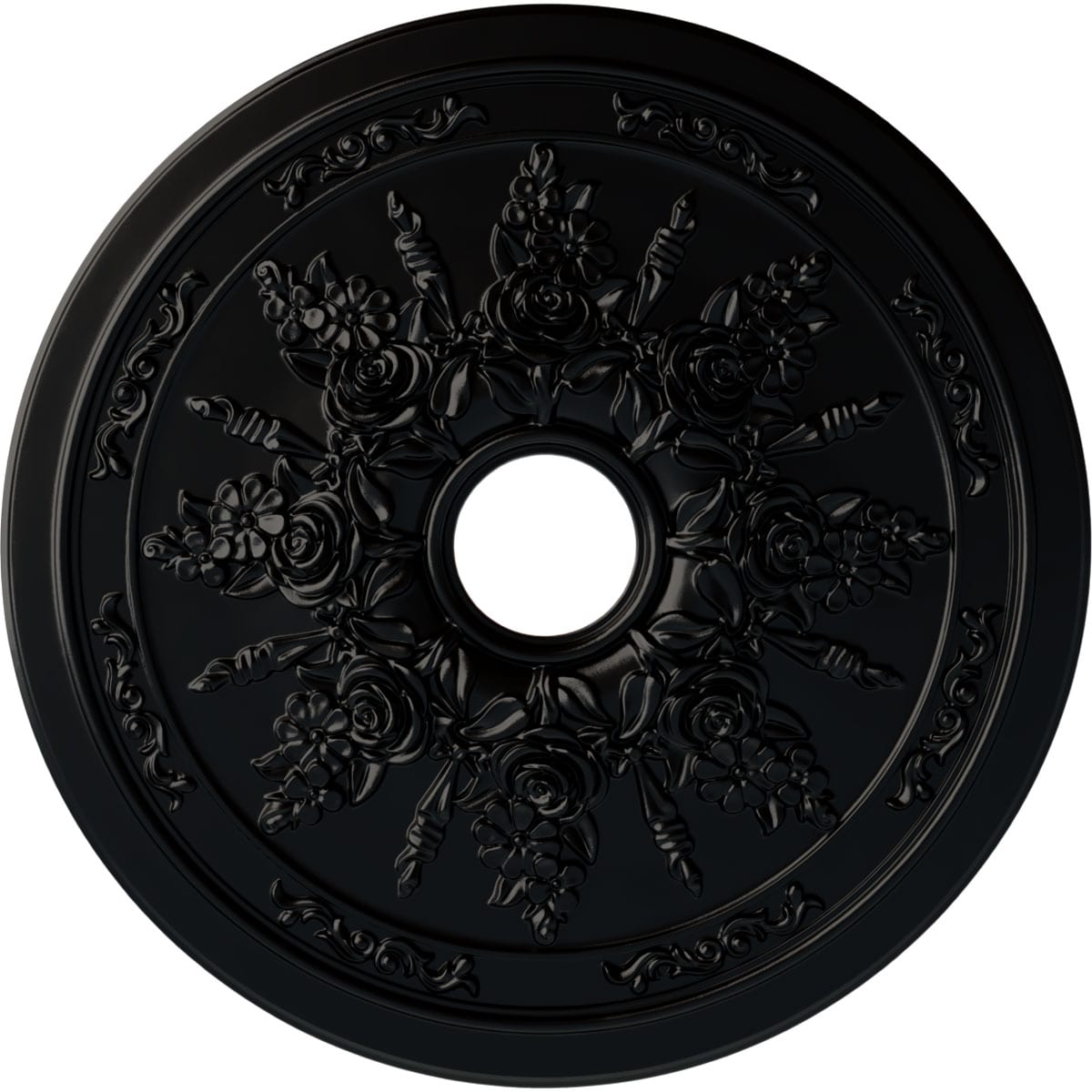 Ekena Millwork CM23ROBLF Rose and Ribbon 23.625-in W x 23.625-in L Painted Jet Black Polyurethane Whole Ceiling Medallion