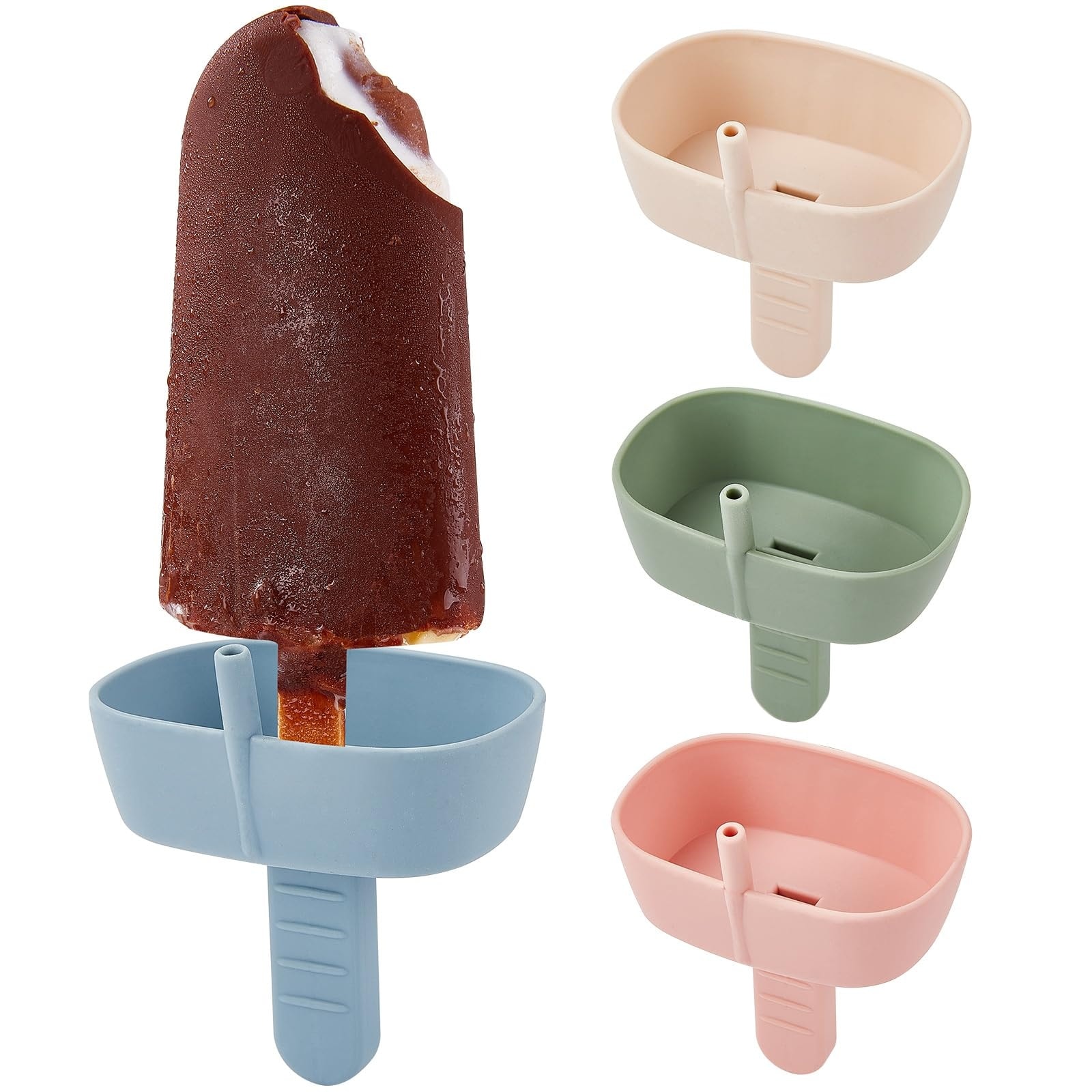 Etokfoks  Silicone Popsicle Holders with Drip Free Tray and Built in Straw for Kids Fits Standard and Wide Sticks 4 Pack