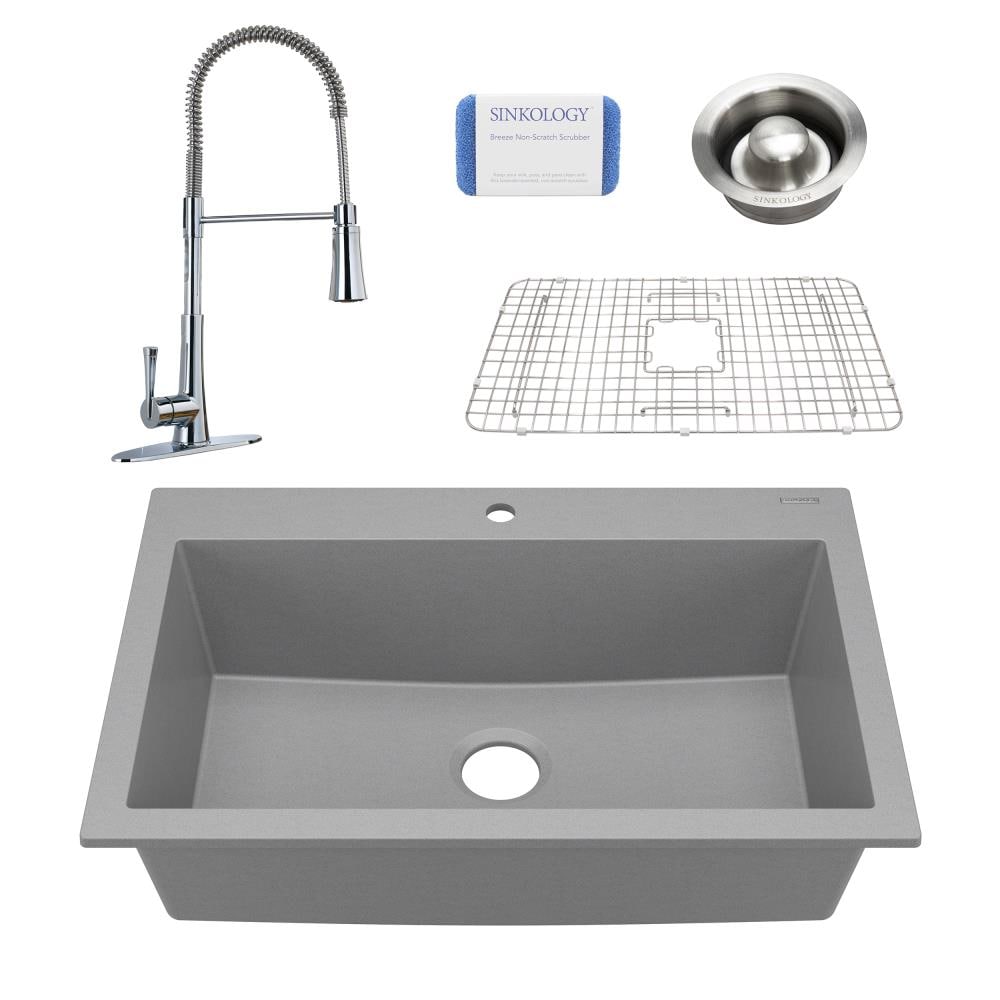 SINKOLOGY SK600-33G-MCCD Camille Drop-In or Undermount 33-in x 22-in Matte Graphite Gray Single Bowl 1-Hole Granite Kitchen Sink All-in-one Kit