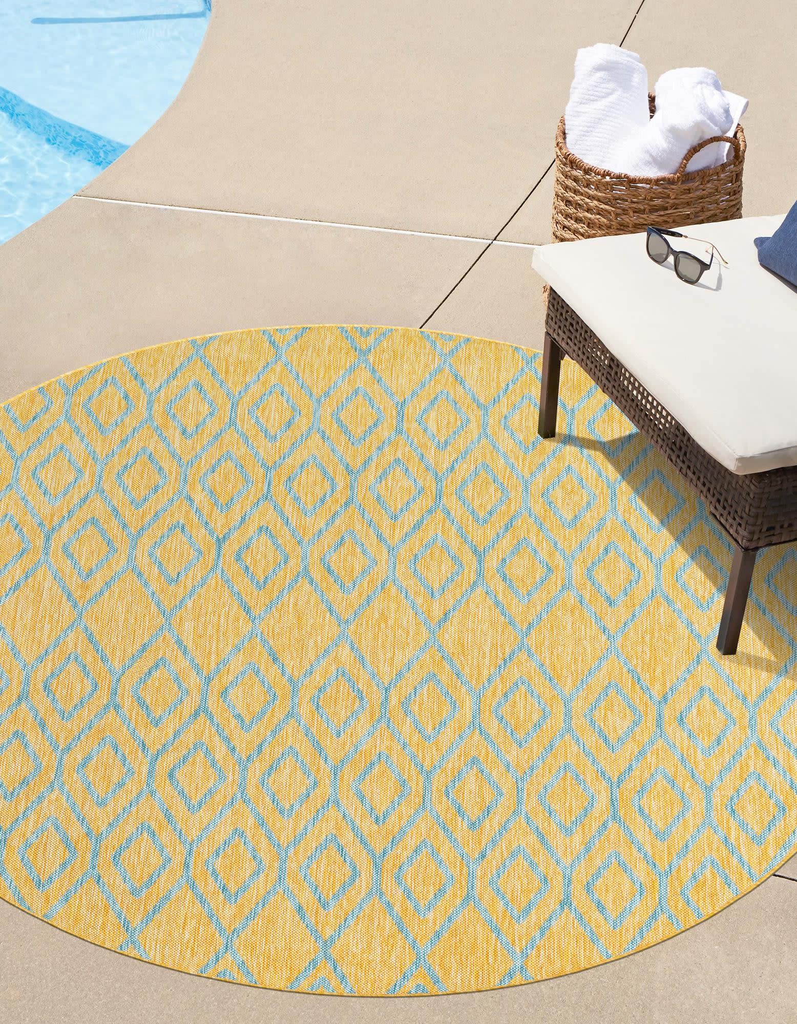 Unique Loom 3180836 Jill Zarin Outdoor 3 x 3 (ft) Loomed Polypropylene Yellow and Aqua Round Indoor/Outdoor Trellis Area rug