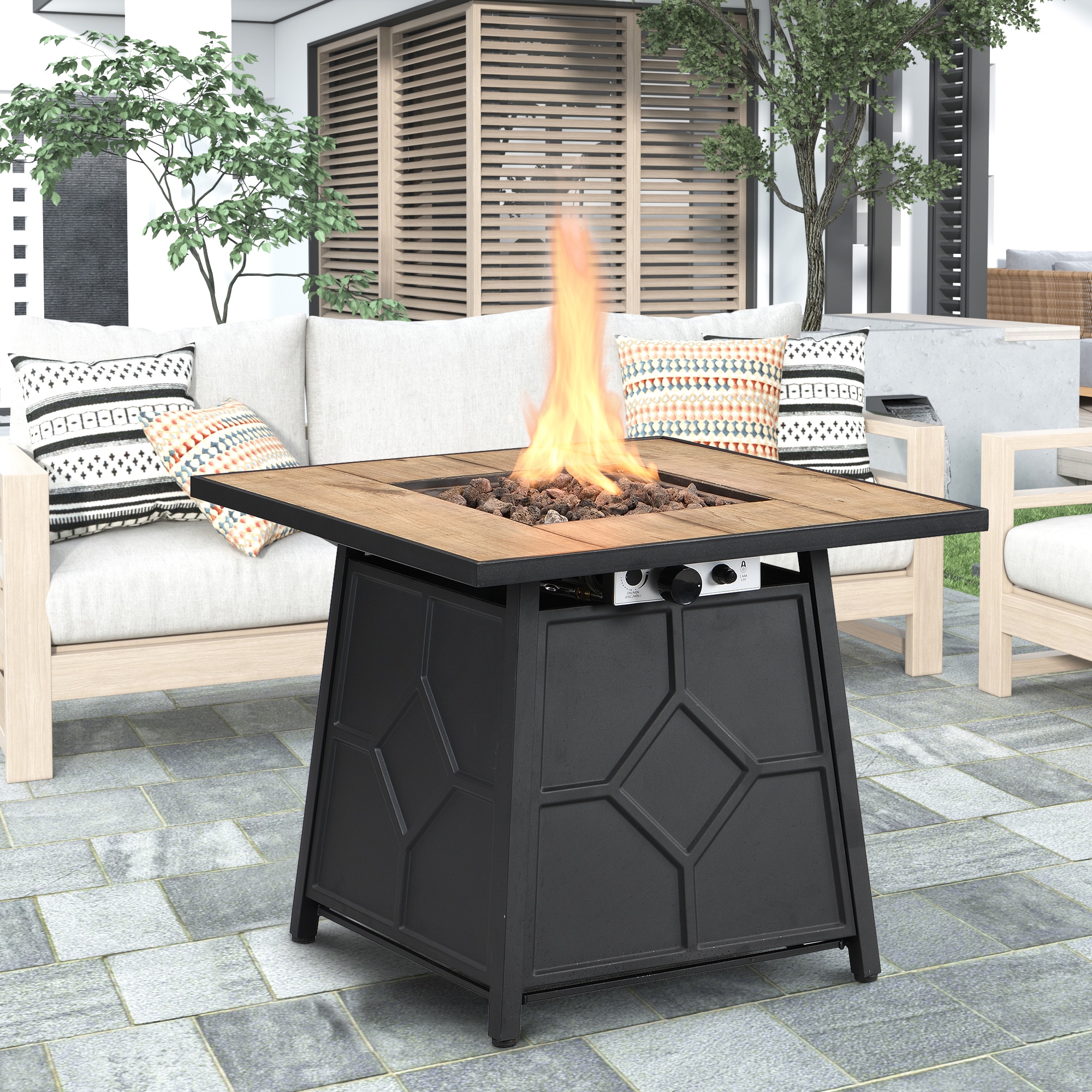 Tatayosi P1-9P332393 Fire Pit Table 28-inch Square 40000 BTU Auto-Ignition Propane Gas Firepit with Waterproof Cover