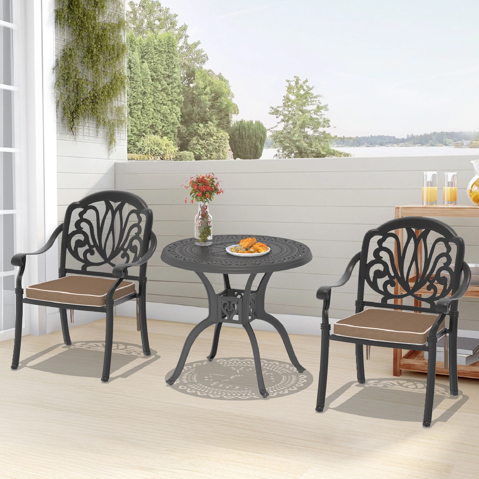 nicesure SLBK6002CZ2A1053RC 3 -Piece Black Patio Dining Set Aluminum Round Table with 2 Cushions Stackable Stationary Chairs