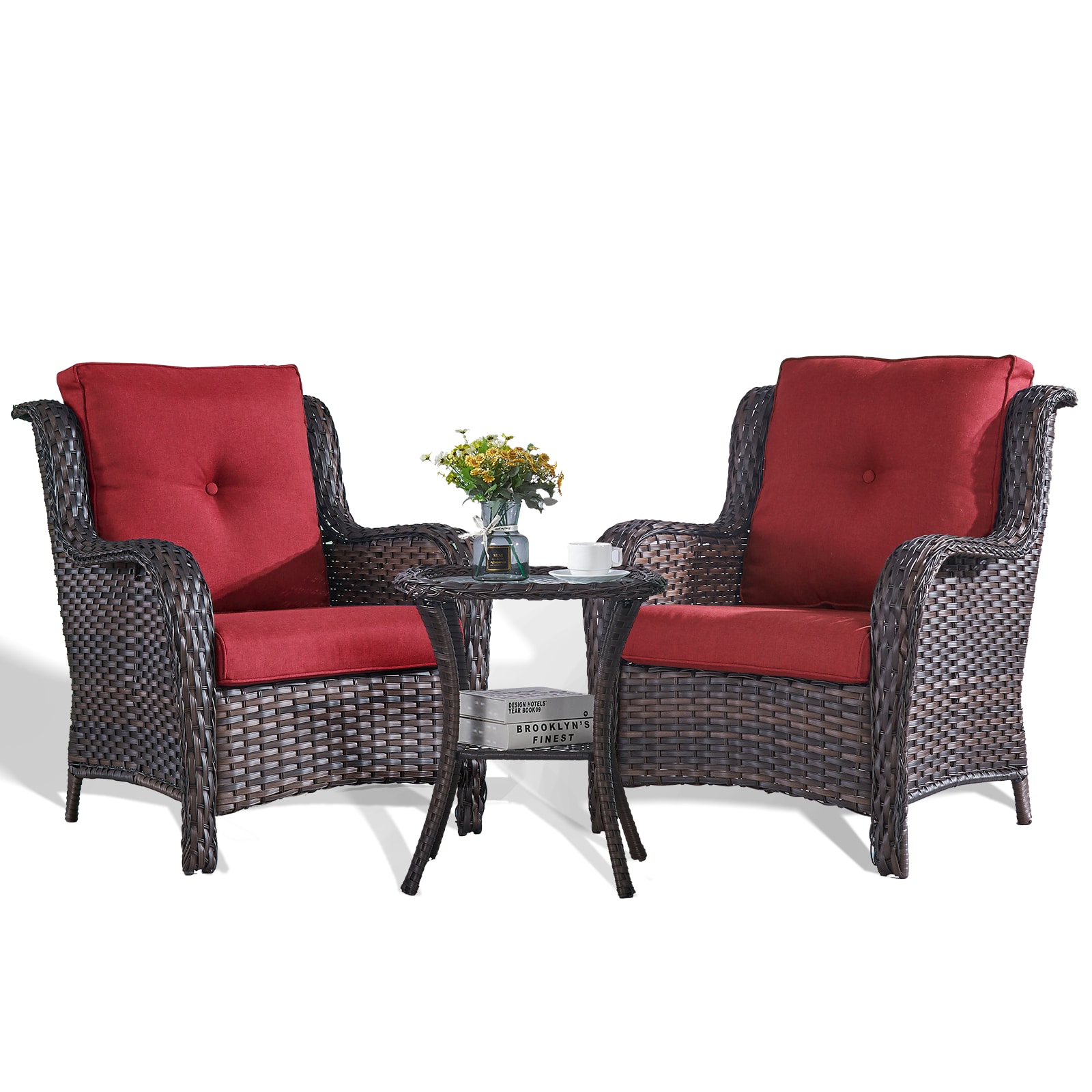 Rilyson FS006025-5 Curved handrail Set of 2 Wicker Brown Wicker Frame Stationary Conversation Chair with Red Blue Cushioned Seat