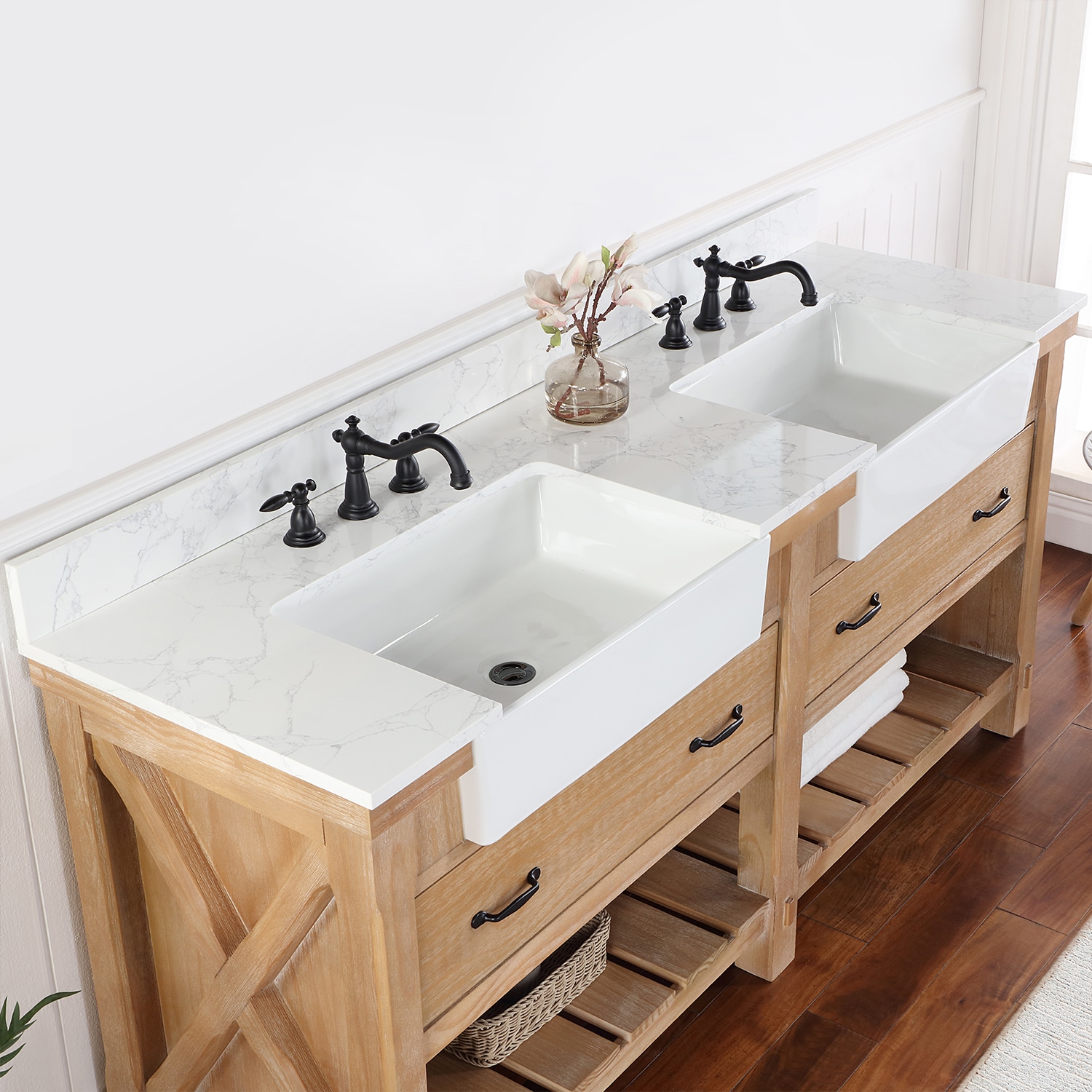 Weathered Pine Double Sink Vanity with White Stone Top