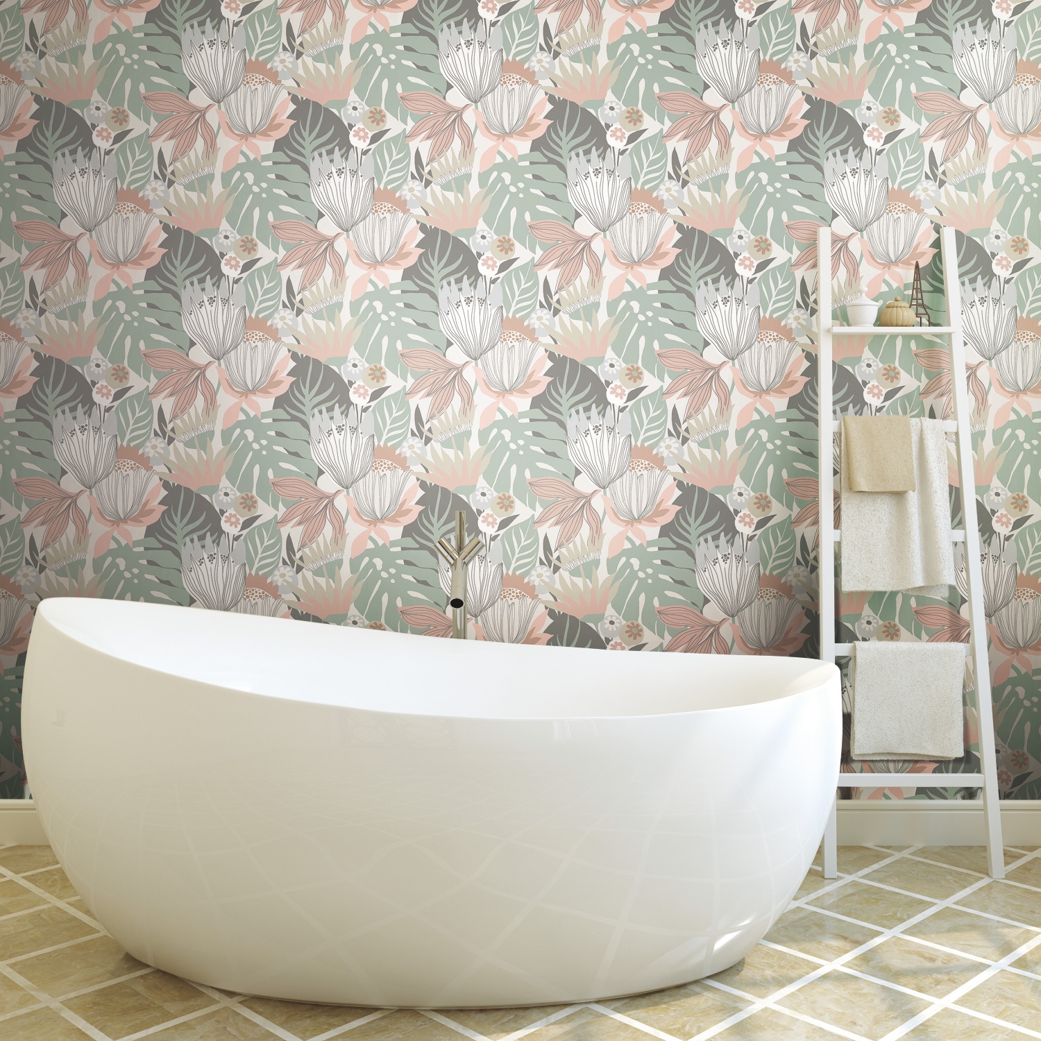 Pink and Green Tropical Leaves Peel and Stick Vinyl Wallpaper