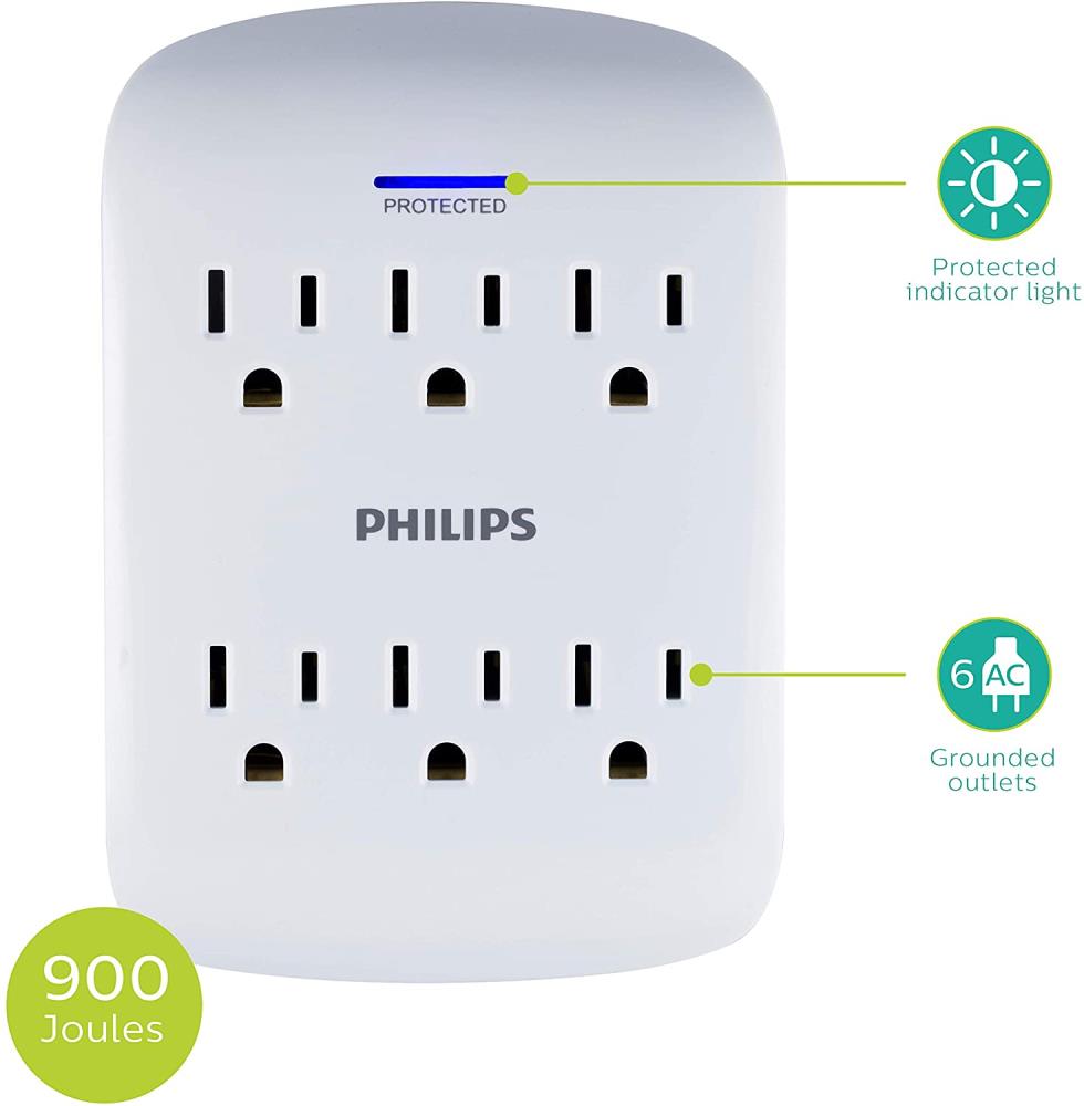 Extender White Charges Smartphones 2 Pack PHILIPS Surge Protector Wall Adapter 2 USB Ports 900 Joules SPP6266WB/37 6 Outlet 
