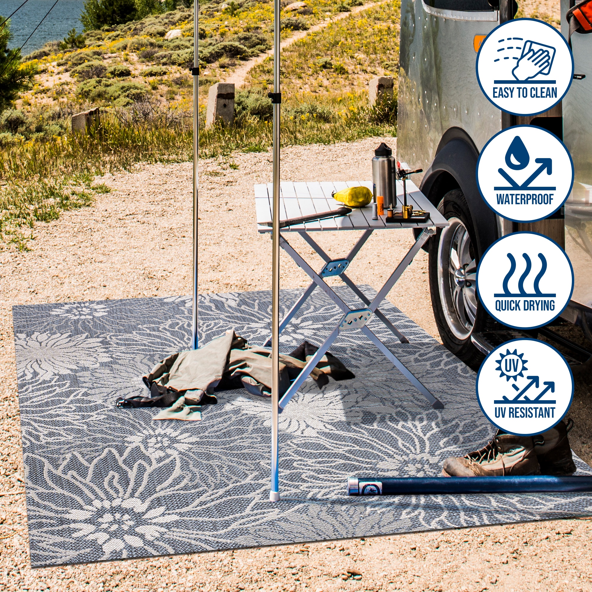3' x 5' Navy and Gray Synthetic Floral Indoor/Outdoor Area Rug