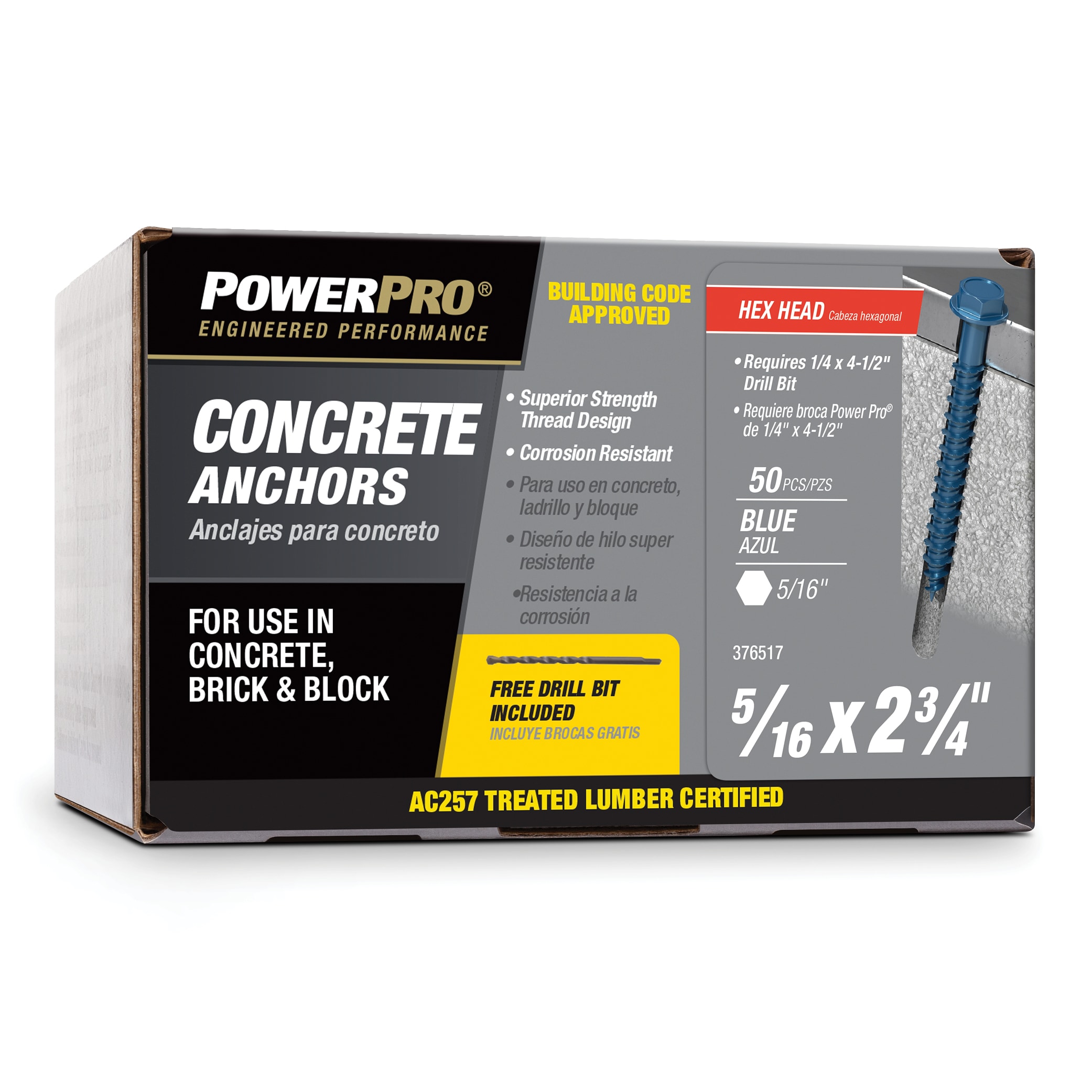 Power Pro 376517 430-lb 5/16-in x 2-3/4-in Concrete Screws Anchors 50 -Pack