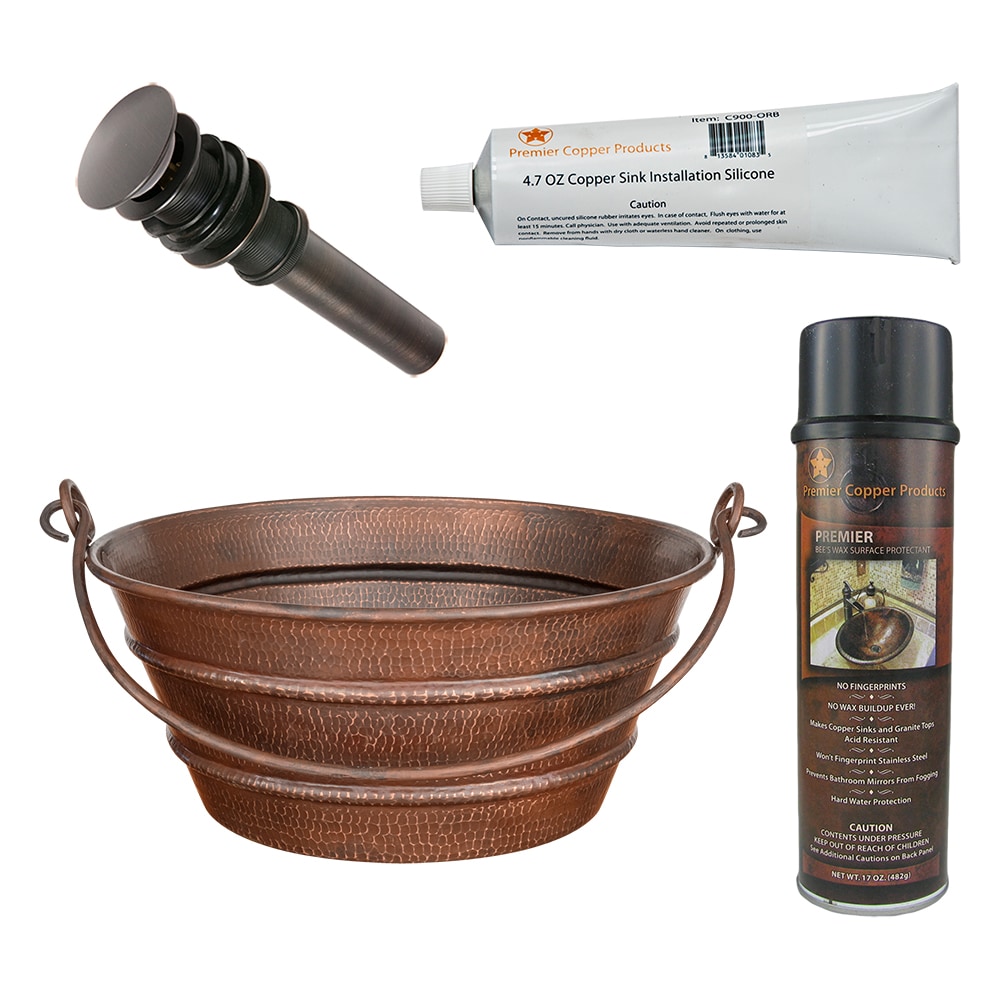 PREMIER COPPER PRODUCTS BSP5-VR16BUDB-P Copper 16-in Vessel Round Rustic Oil Rubbed Bronze Bathroom Sink with Drain Included