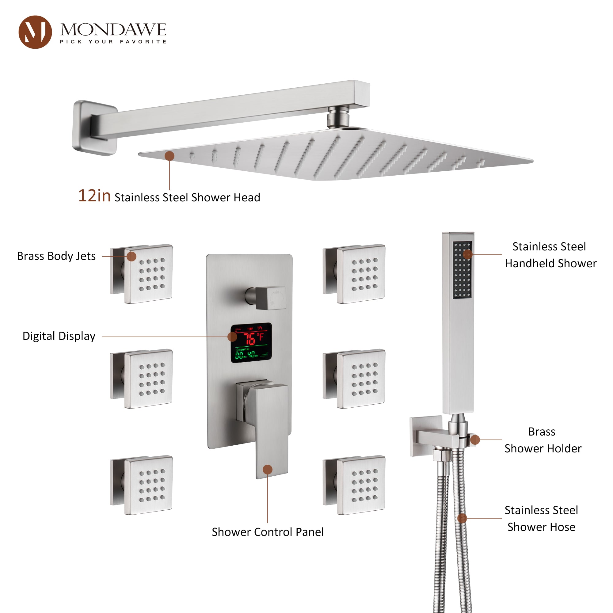 Mondawe WF6025NI-12BN Showerhead-Bar-Panels - View #10