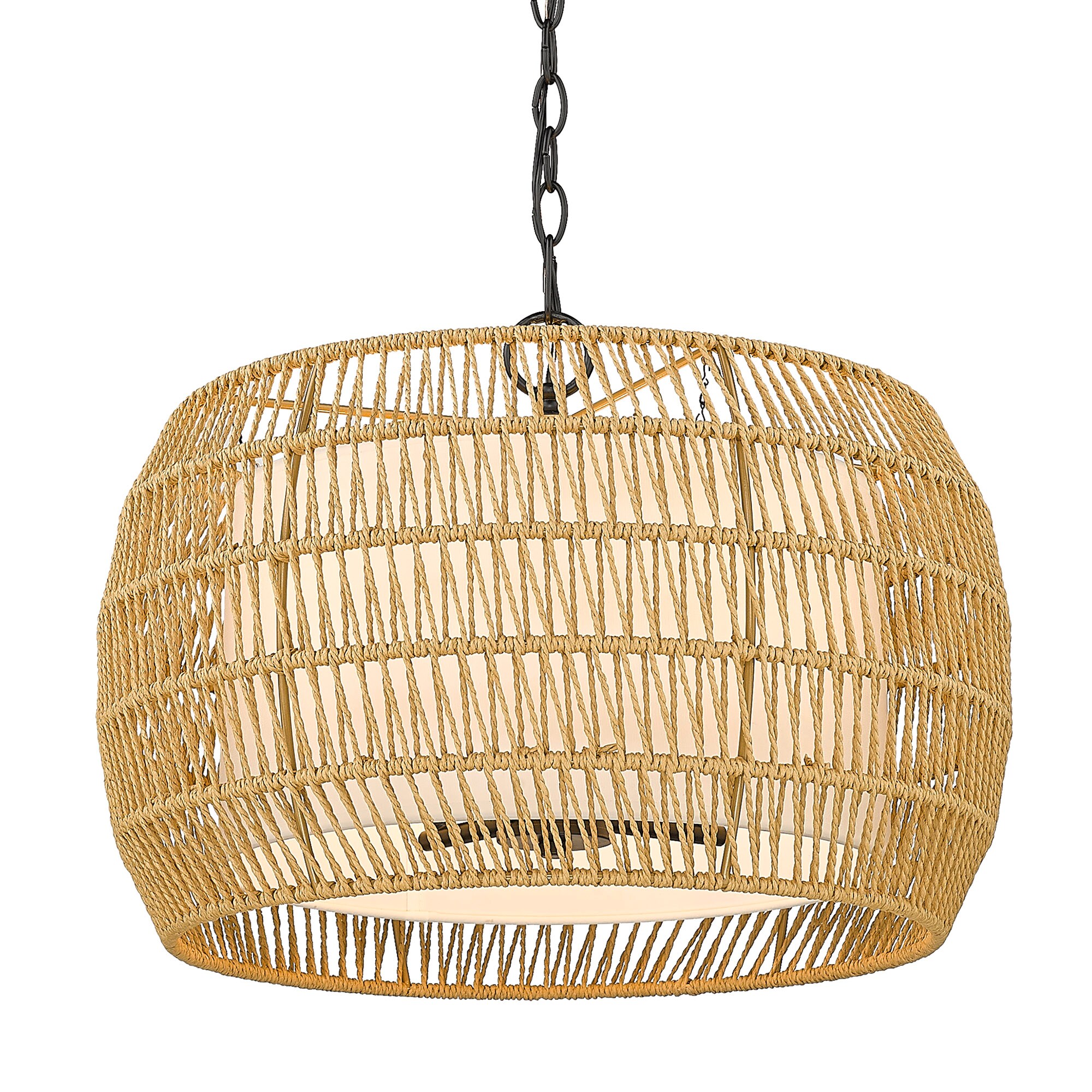 Everly Matte Black Drum Chandelier with Handwoven Rattan Detail