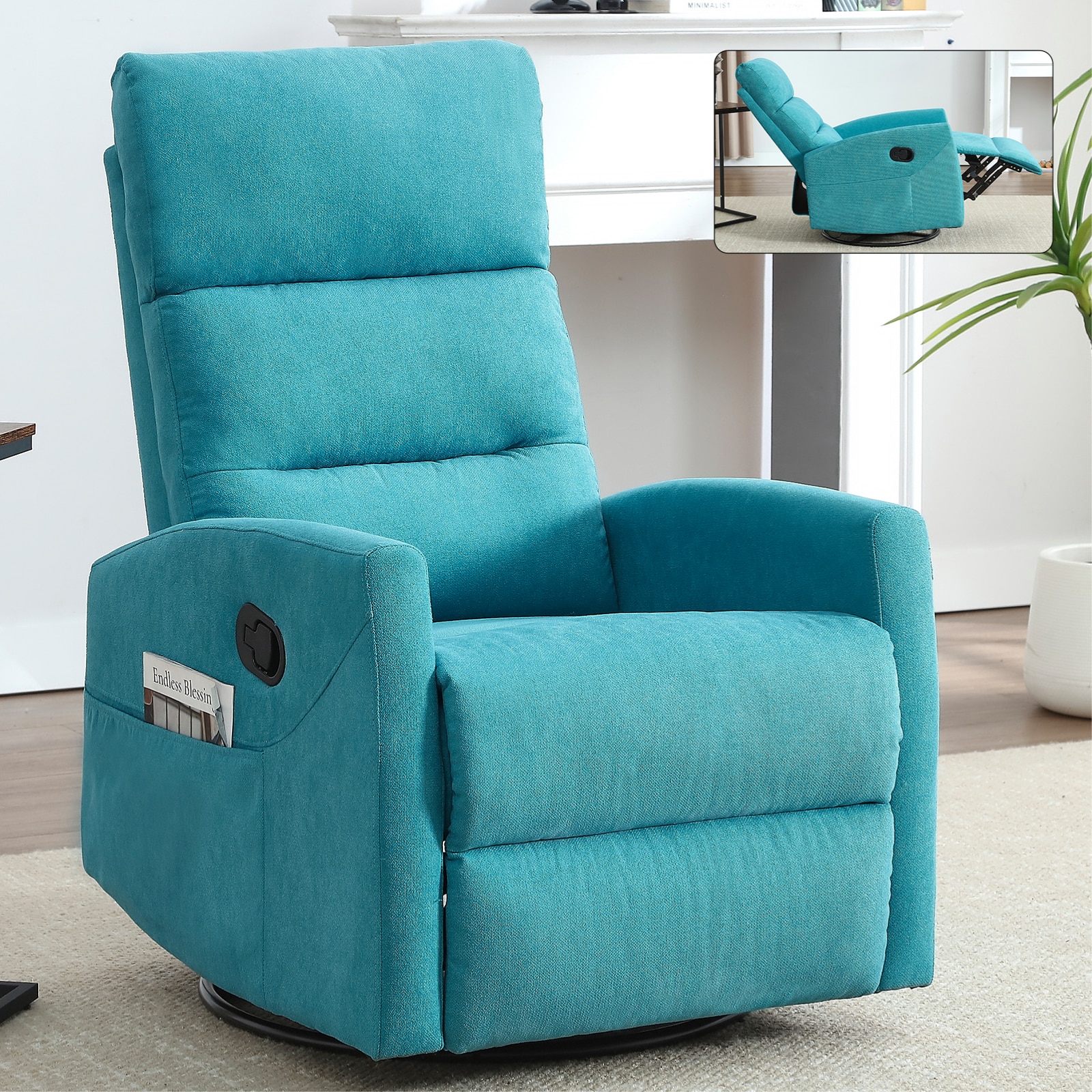 Tatayosi JJ-4P289294 Manual Recliner Chair with Rocker and Swivel in Fabric for Living Room Blue