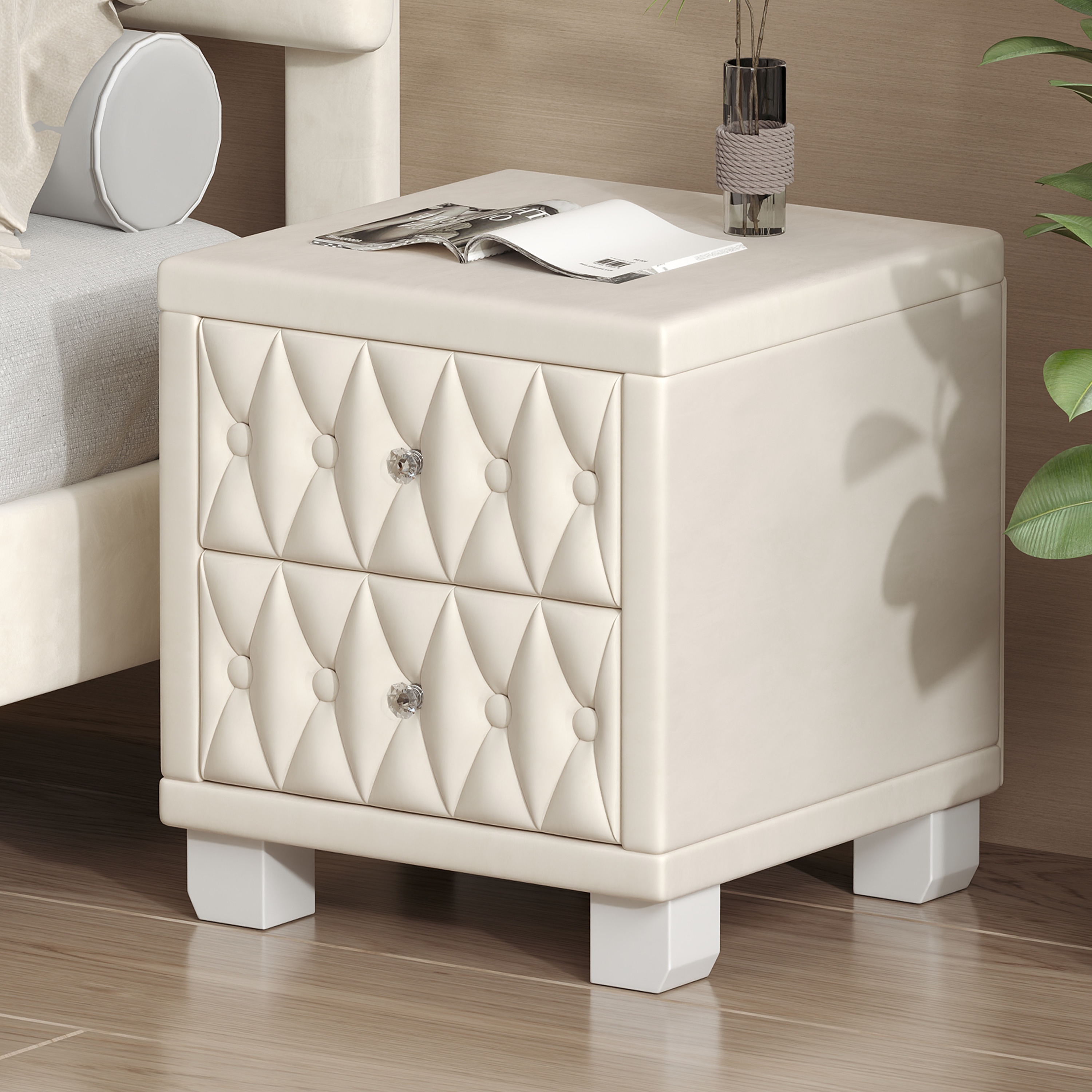 ModernLuxe N733P210398A Elegant Velvet Nightstand with 2 Drawers and Crystal HandleStorage Bedside Table with ButtonTuftedBeige