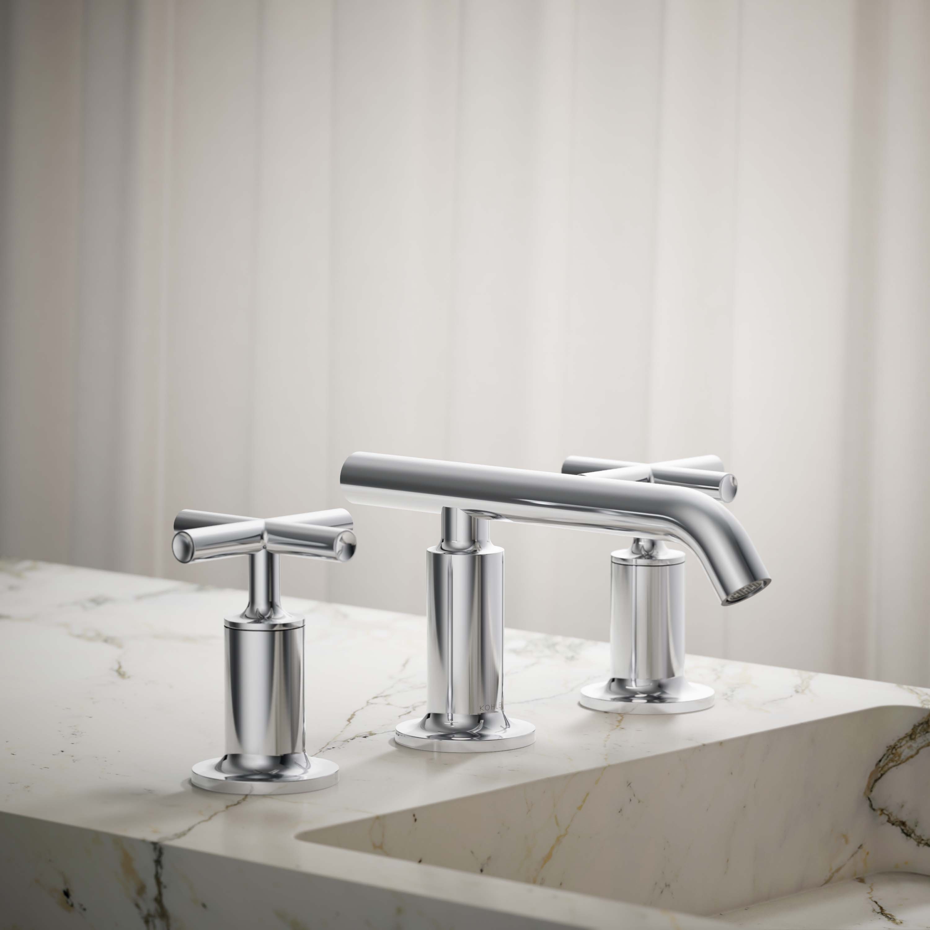 KOHLER 14410-3-CP Purist Polished chrome Widespread 2-handle WaterSense Low-arc Commercial/Residential Handle Bathroom Sink Faucet with Drain