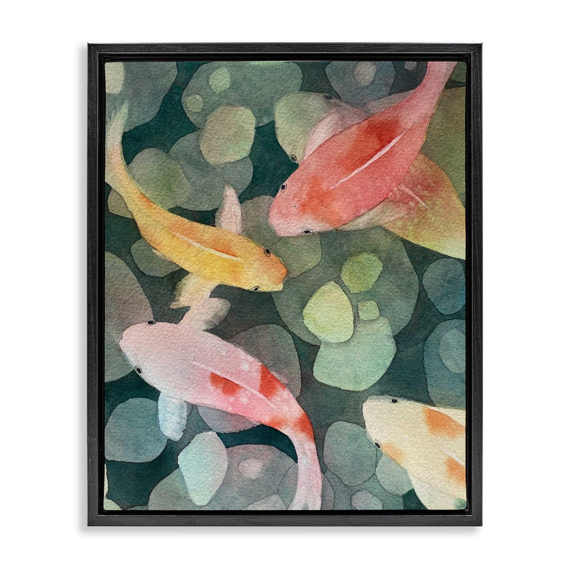 Stupell Industries BS-583-FFB-16X20 Watercolor Koi Aerial View Black Framed Floater Canvas Wall Art By Stephanie Fielden 17 x 21