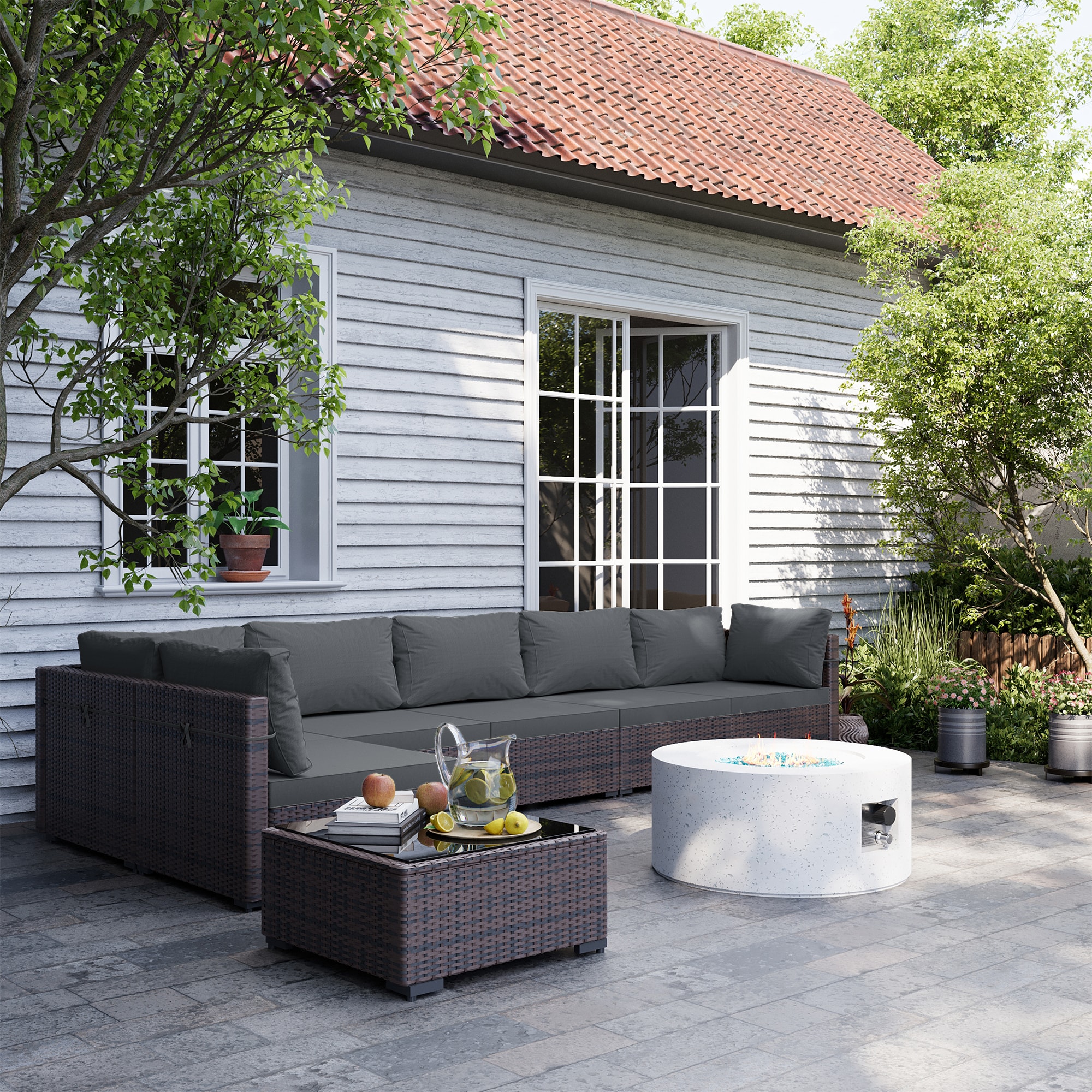UPHA TBSF-ABC28SYMB-DGRAY 8 -Piece Wicker Patio Conversation Set with Gray Cushions