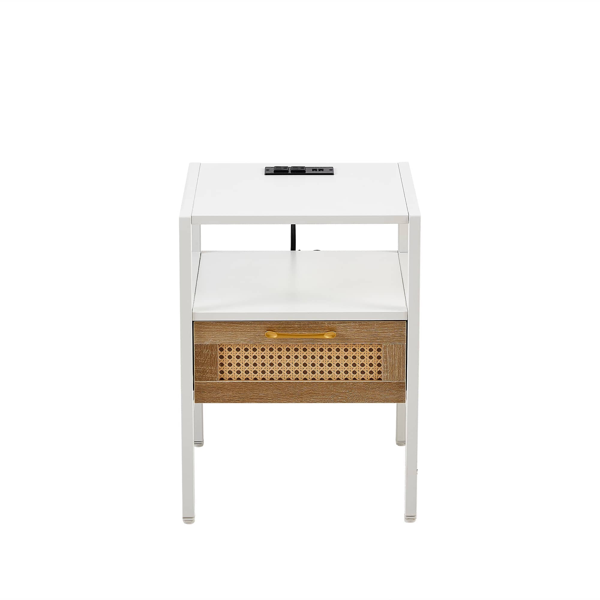Vynxaria LEXY0532-DJBF-CTG025 White Rattan Nightstand with Power Outlet  USB Ports Modern End Table with Drawer Bedside Table Bedroom Side Table