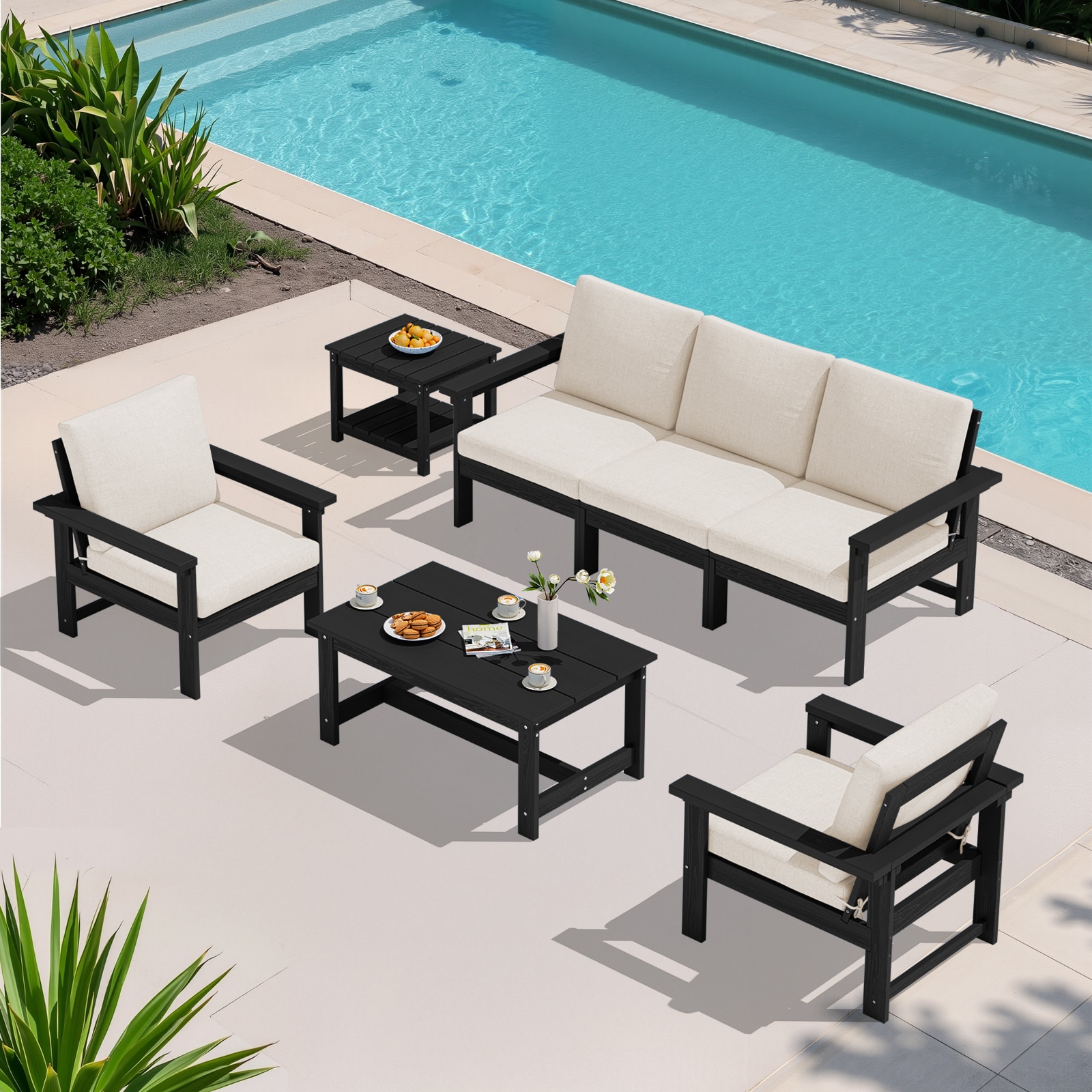 VOUA ZHSF06-BK Patio conversation Set with talbe 4 -Piece Patio Sofa Conversation Set with Beige Cushions