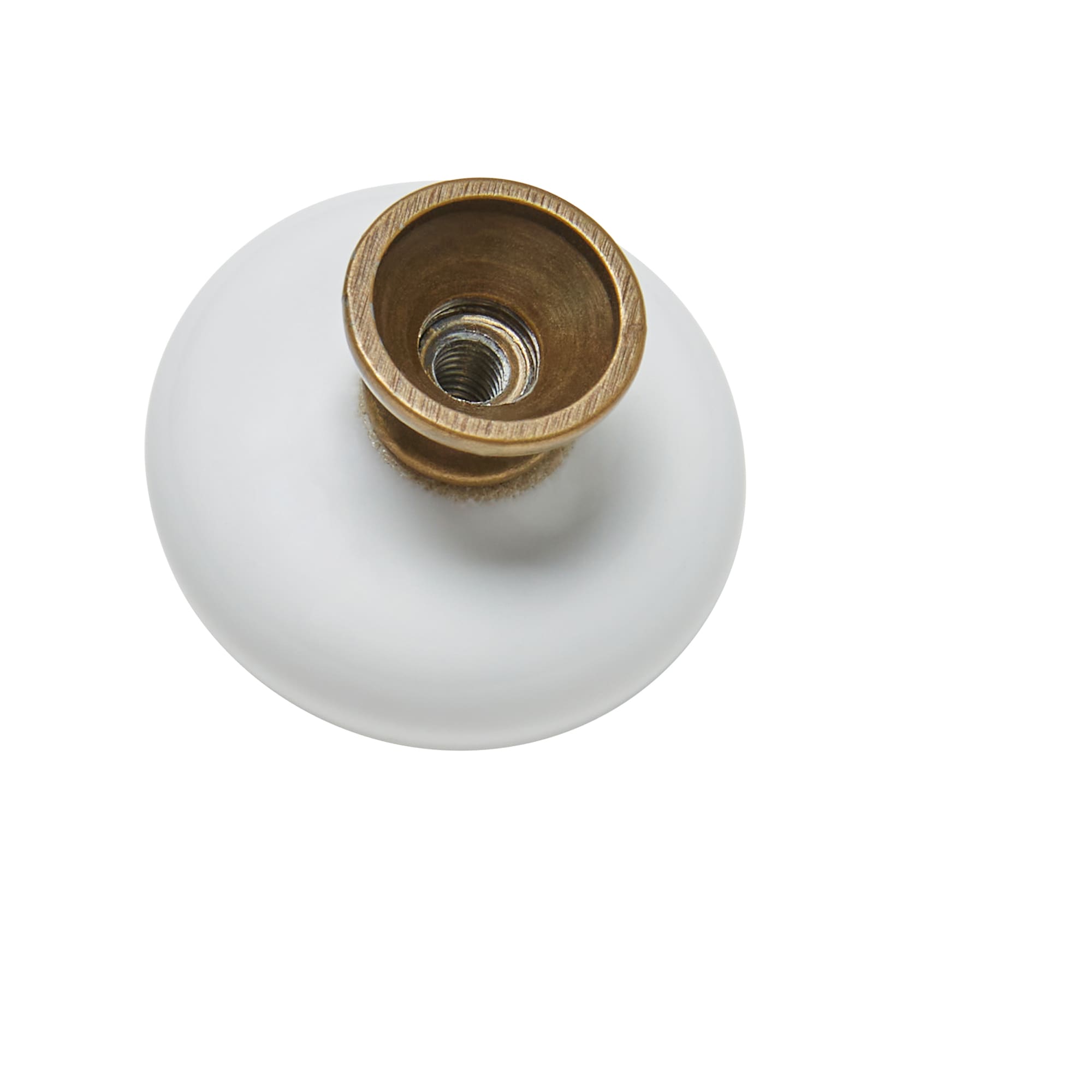 3/4 Knob White Porcelain & Bright Brass Button Center & Base