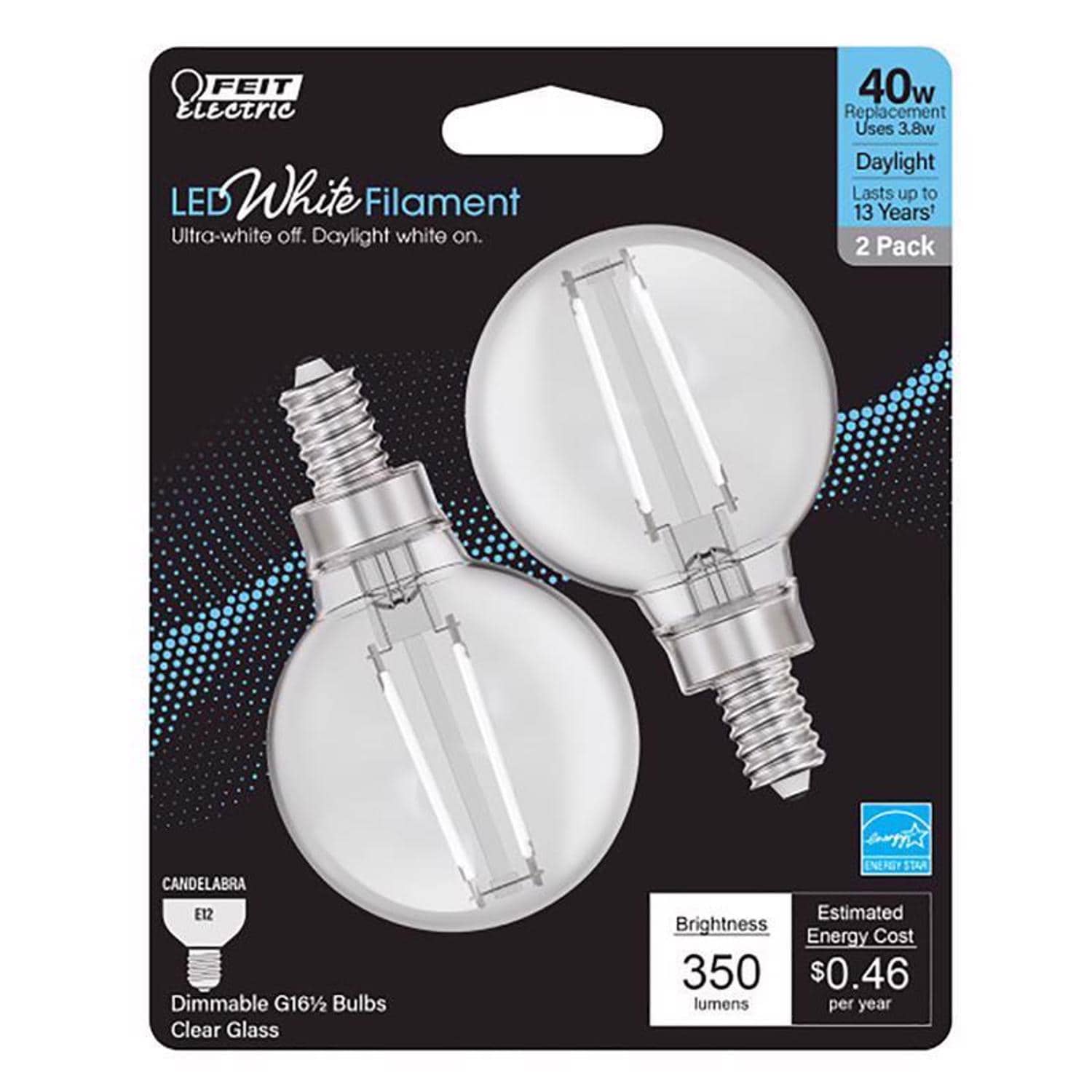 Feit Electric EJD3014010 White G16.5 E12 Candelabra Filament LED Bulb Daylight 40 Watt Equivalence 2 pk