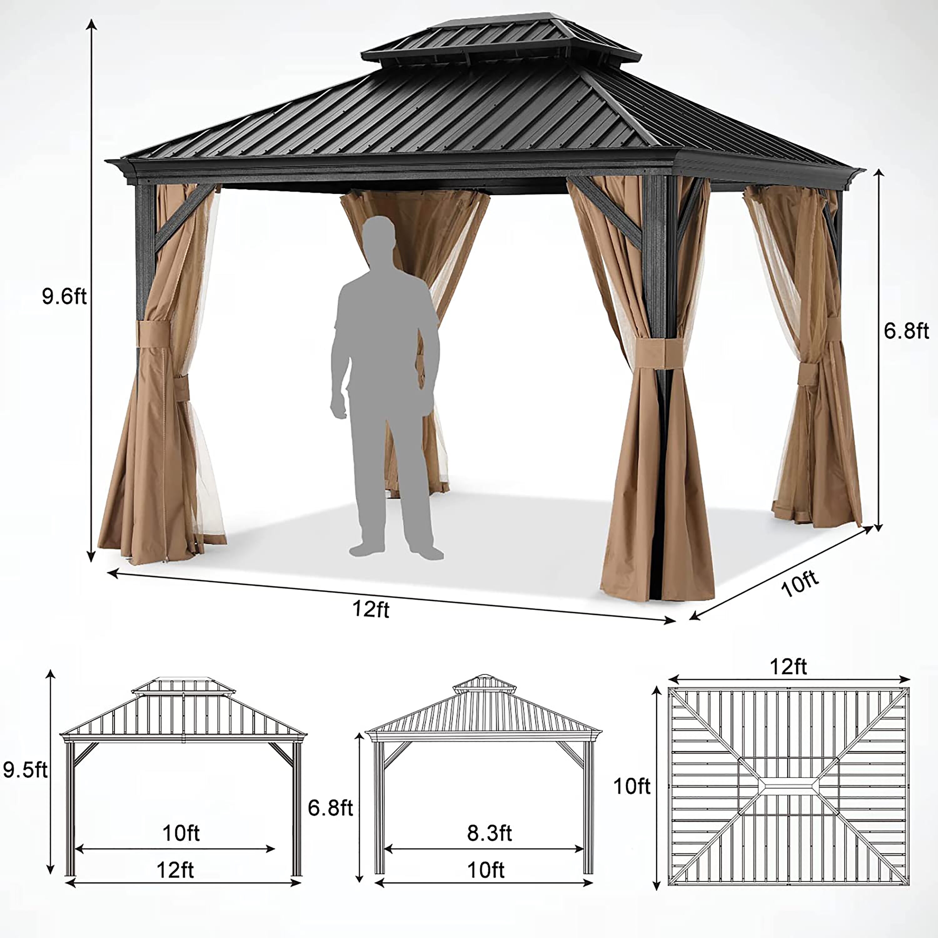 ABCCANOPY 12-ft x 10-ft Rectangle Khaki Metal Steel Roof Gazebo with ...