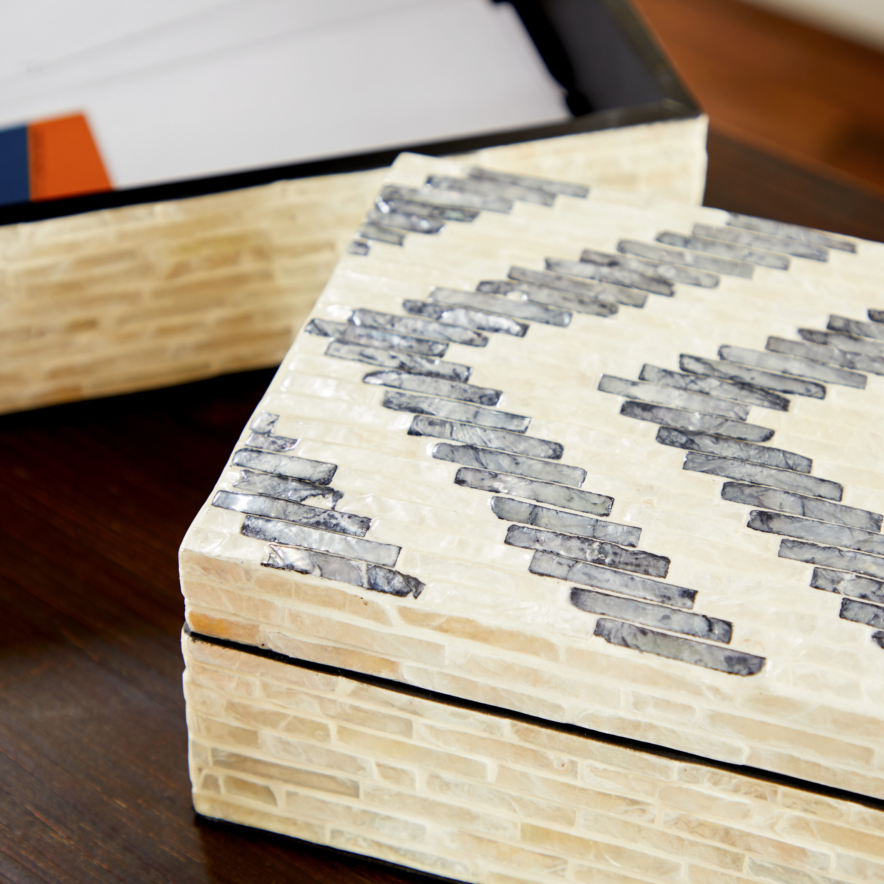 Cream Chevron Pattern Mother of Pearl Decorative Box Set, 14" and 12"