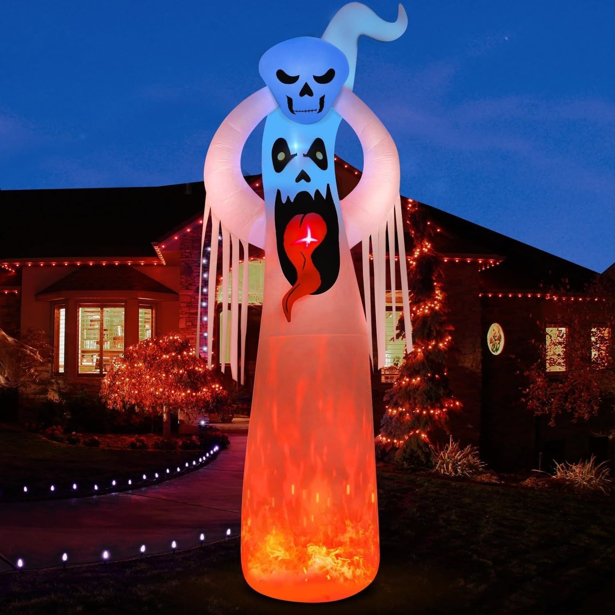OGETFUUR 12ft H Giant Ghost 3 Color Flame Rotation LED Light Halloween Inflatable Outdoor Yard Decoration for Home Lawn Holiday Party