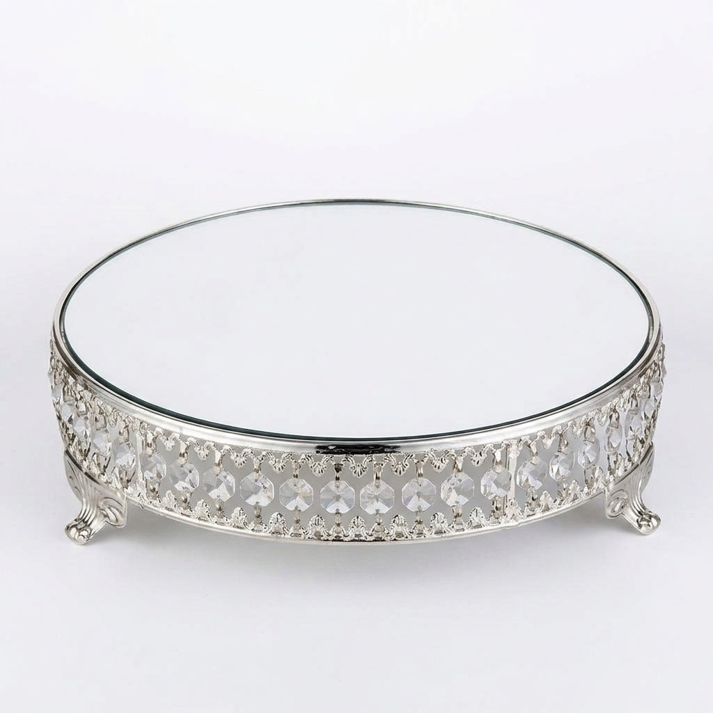 Aoibox 12 in Diameter Single Tier Silver Metal Cake Stand with Mirror Top and Crystal Bead Accents #LABXOPYQ