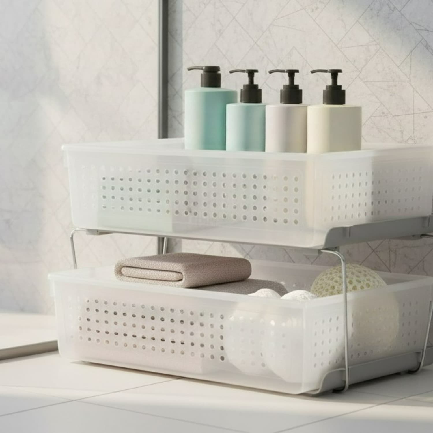 Paradigms Interiors 2 Tier Sliding Drawer Organizer With Adjustable Dividers Frost BPA Plastic For Under Sink Cabinet And Pantry Storage #514068524038